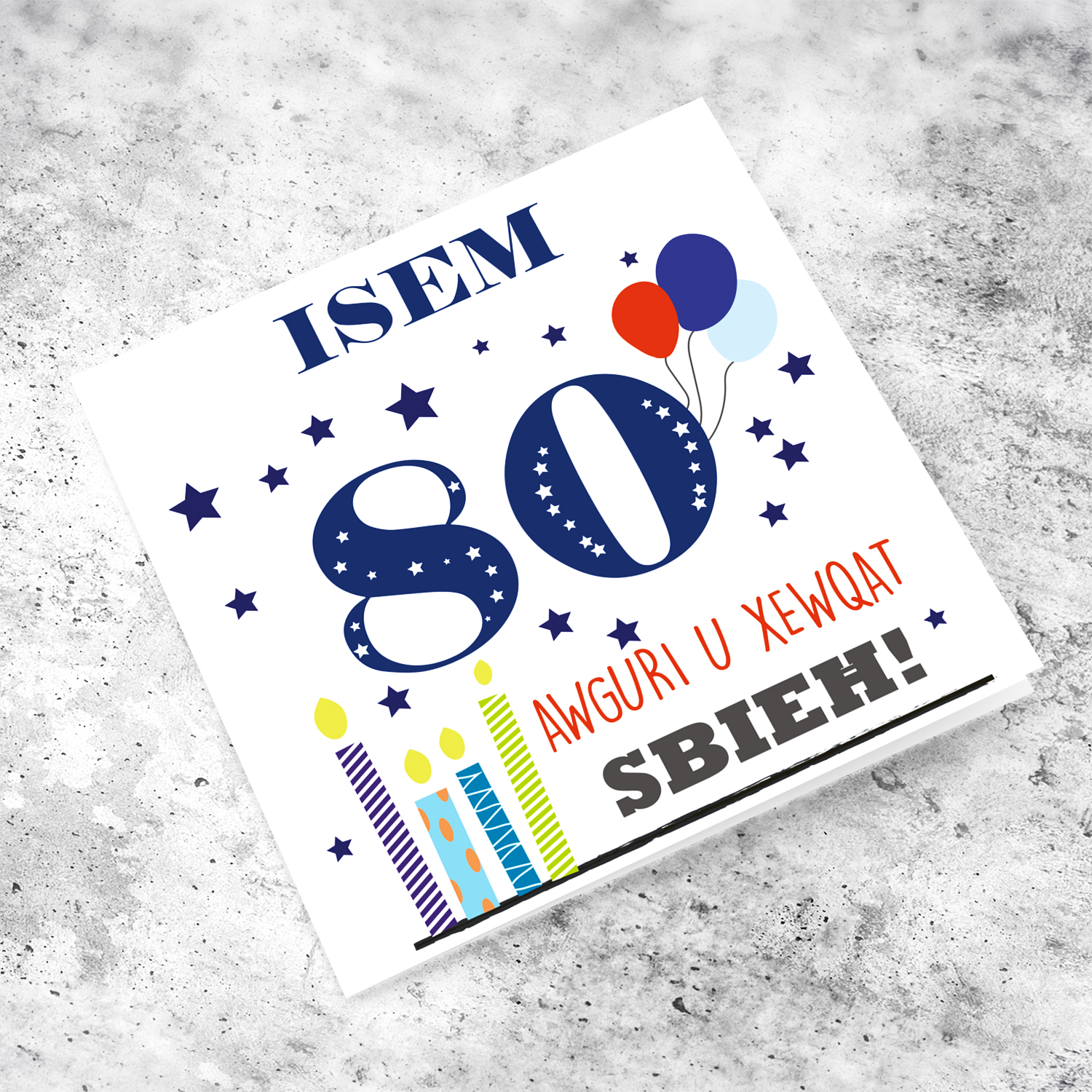 Happy 80th Birthday card with cute colourful candles and balloons in Maltese (Personalisable)