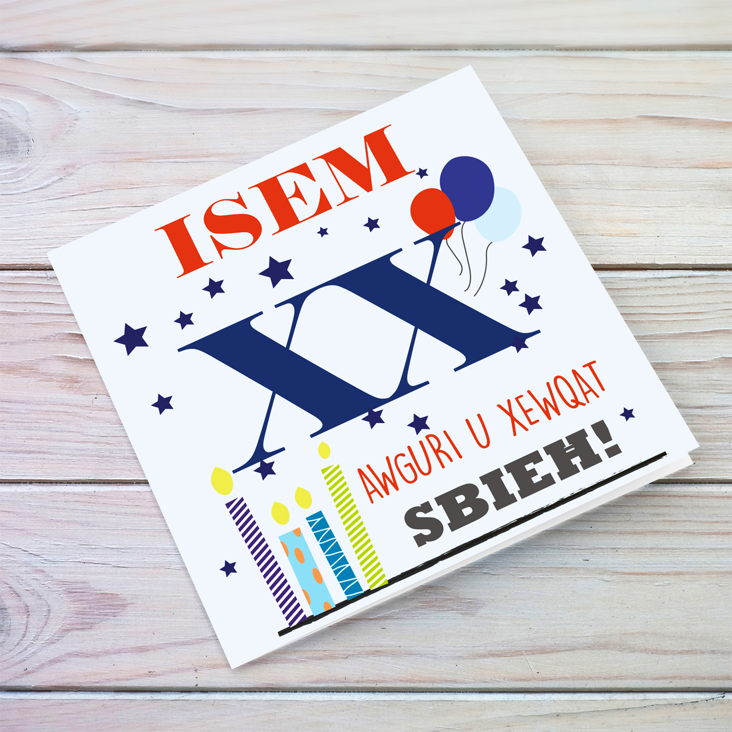 A colurful birthday card with cute colourful candles and balloons, featuring Name & Age in a light blue background in Maltese (Personalisable)