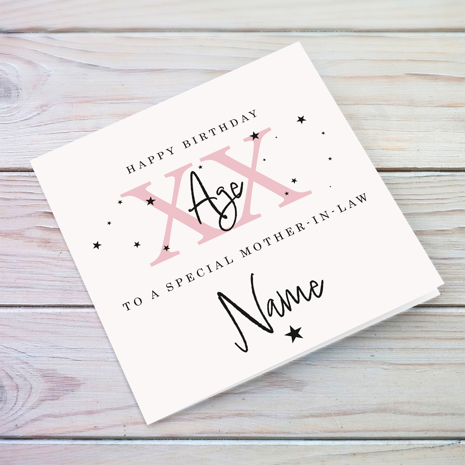 A beautiful birthday card for a special mother-in-law in a neutral background with scattered black stars, and age in pink - with personalisable Name & Age in English