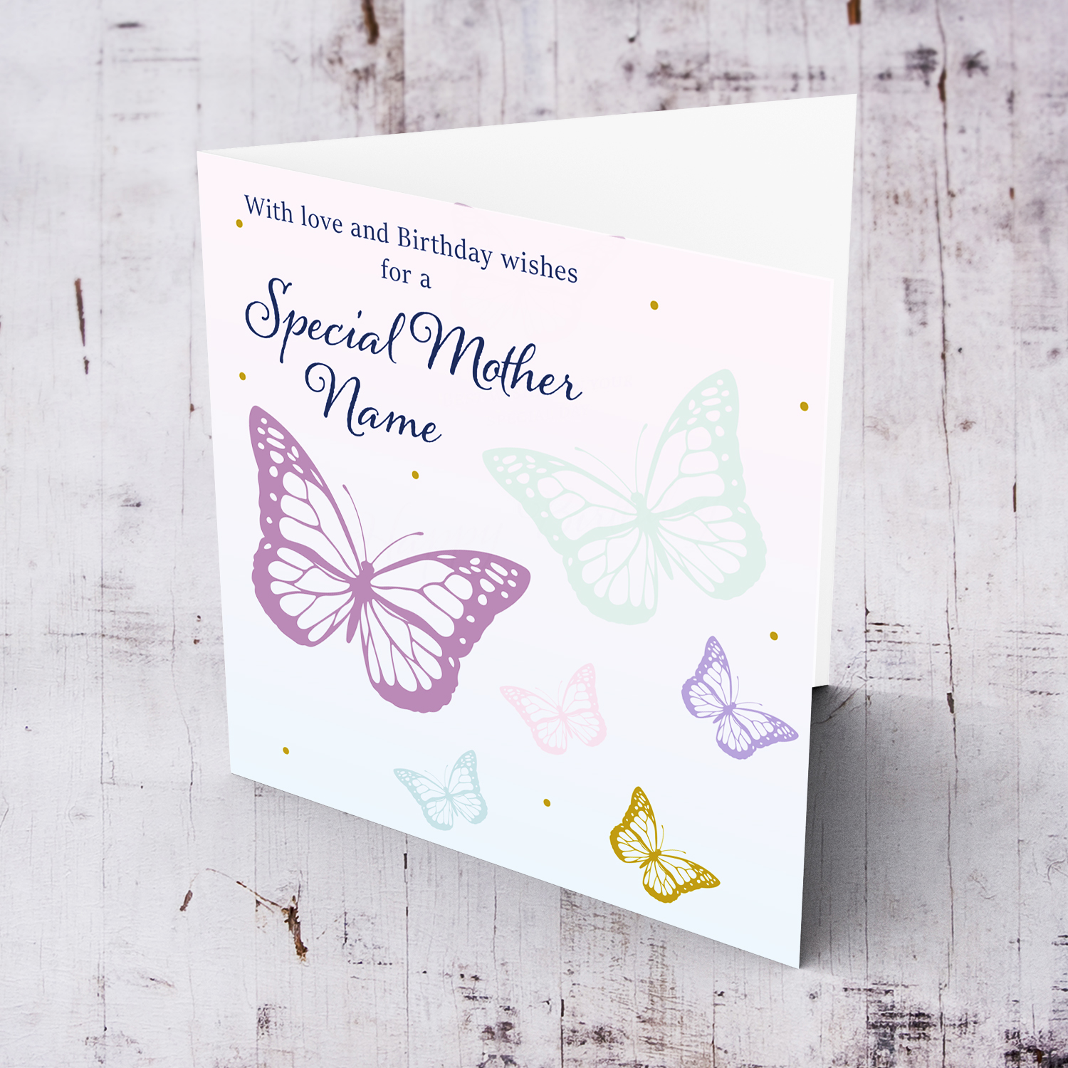 Butterfly themed birthday card for a special Mother with a gradient background of pink and blue in English