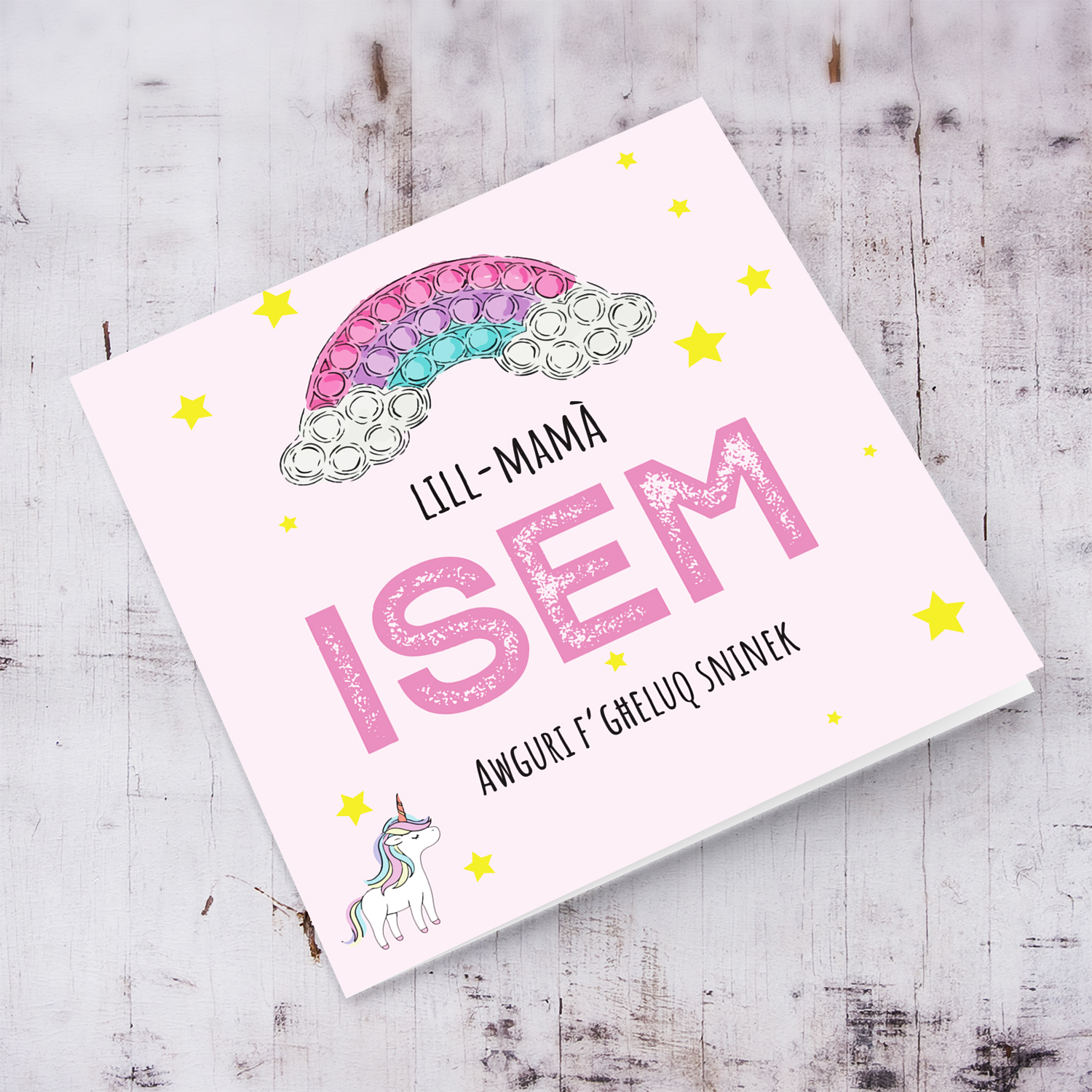 Cute rainbow and unicorn themed birthday card for Mum in Maltese (Personalisable)