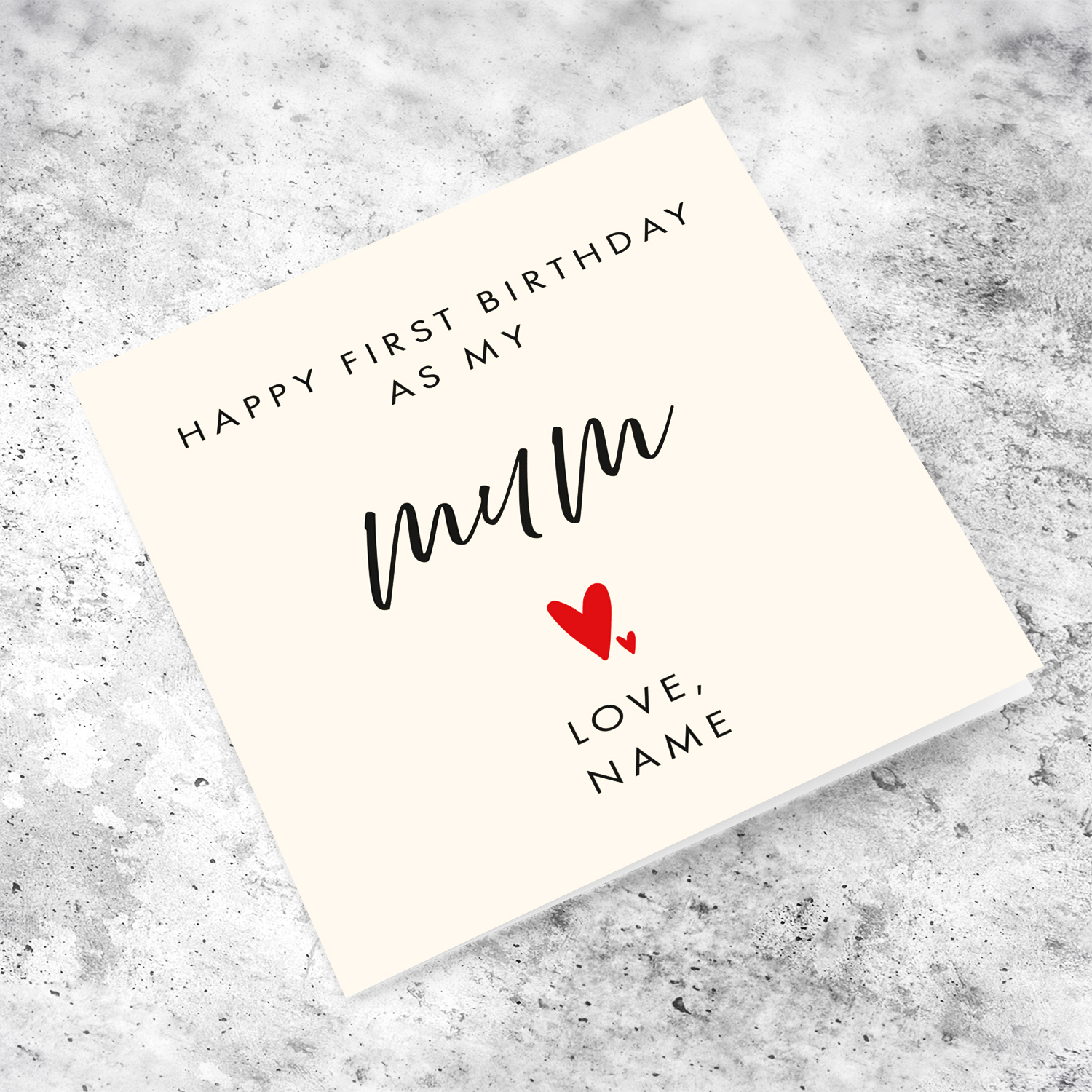 Minimalist birthday card - Happy first birthday as my mum with two red hearts in English