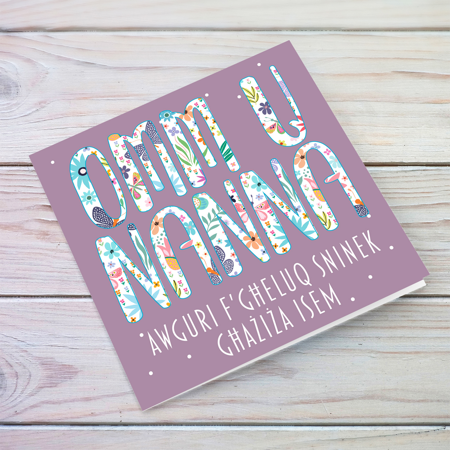Flowery text Mum & Grandma birthday card in purple background in Maltese (Personalisable)