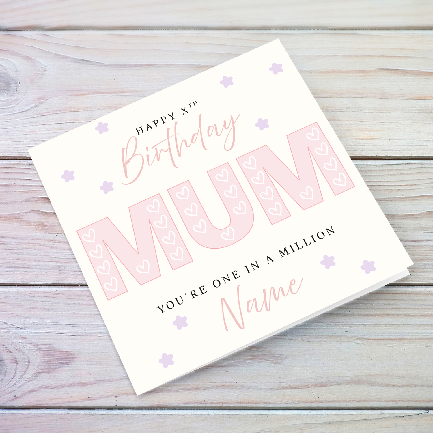 A beautiful birthday card for MUM in big light pink font featuring hearts in English (Personalisable)