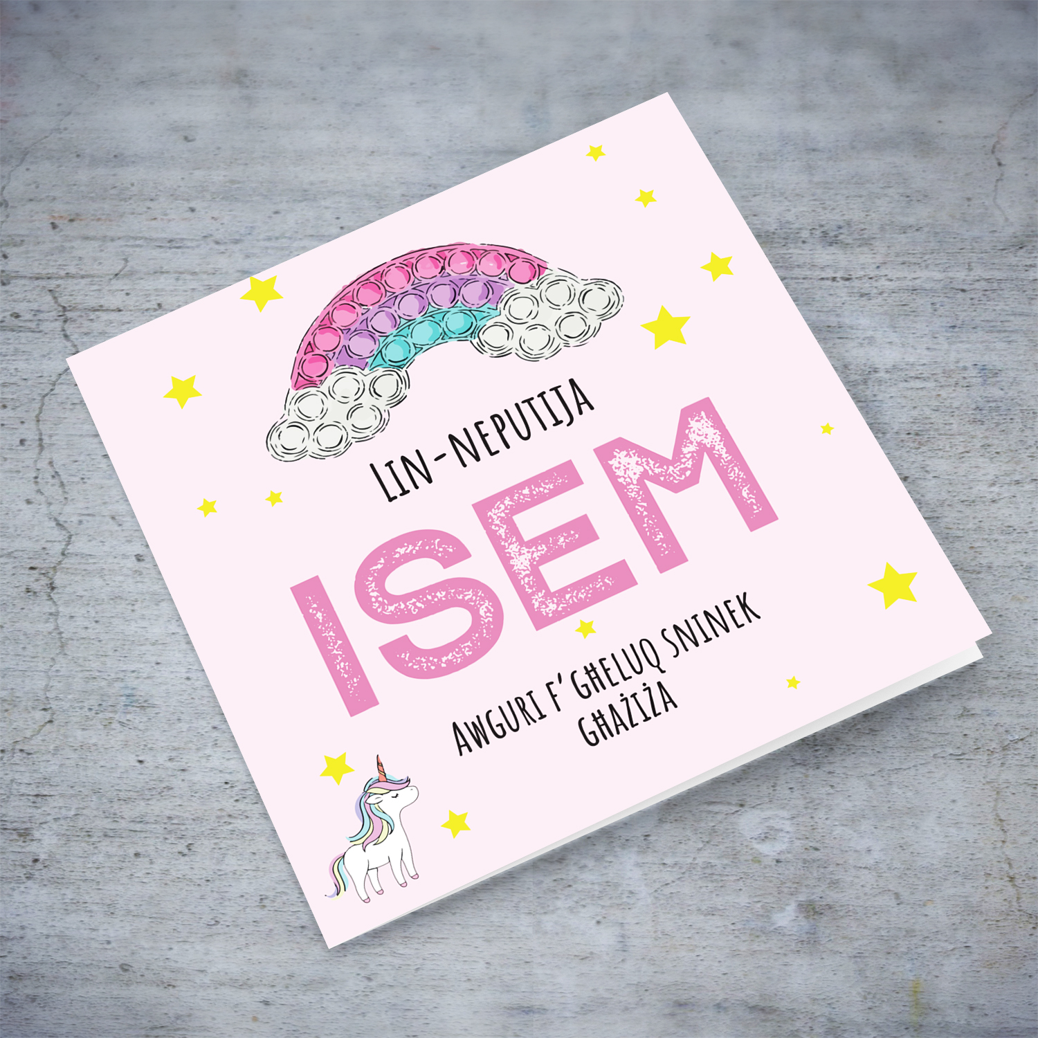 Cute rainbow and unicorn themed birthday card for niece in Maltese (Personalisable)