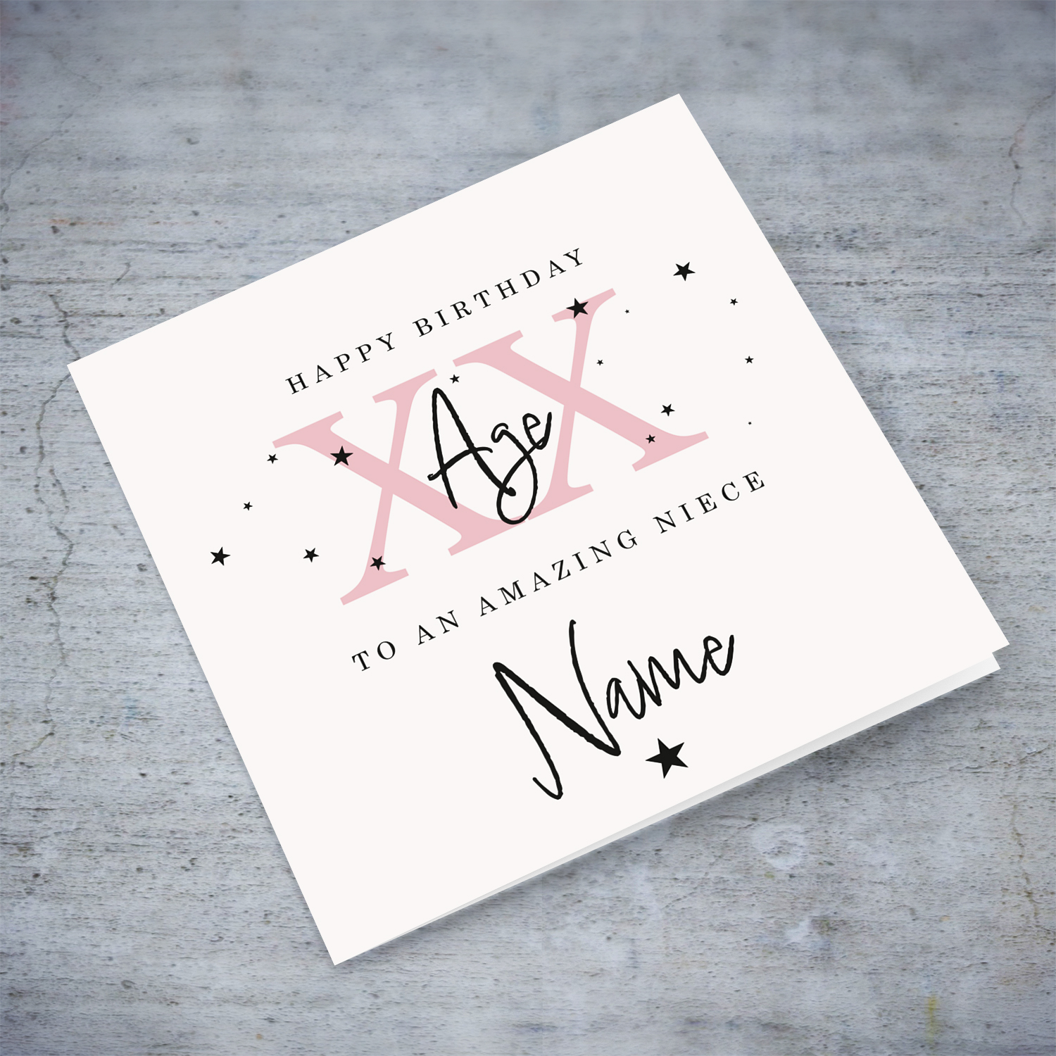 A beautiful birthday card for an amazing niece in a neutral background with scattered black stars, and age in pink - with personalisable Name & Age in English