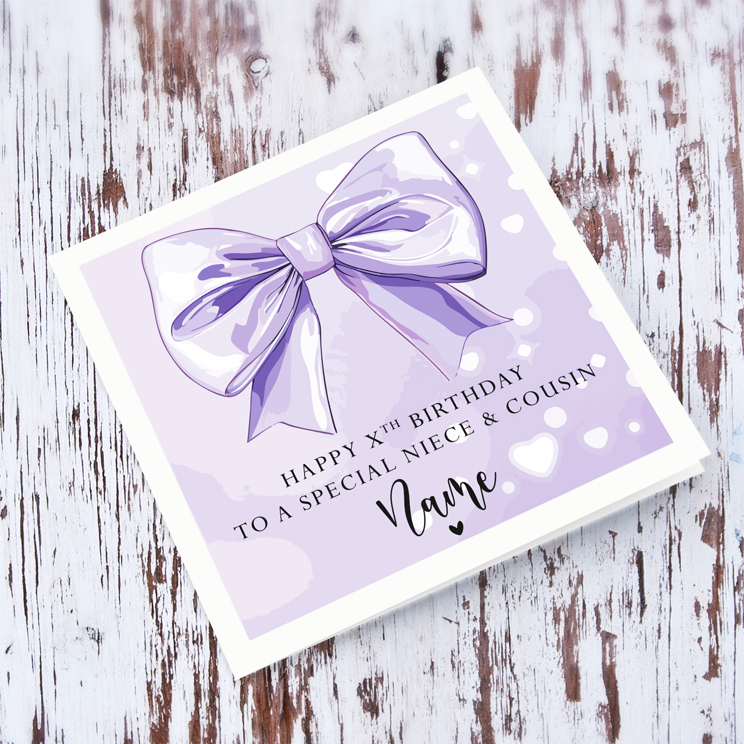 A cute birthday card for niece & cousin (purple themed( with a big purple bow in English (Personalisable with Name & Age)