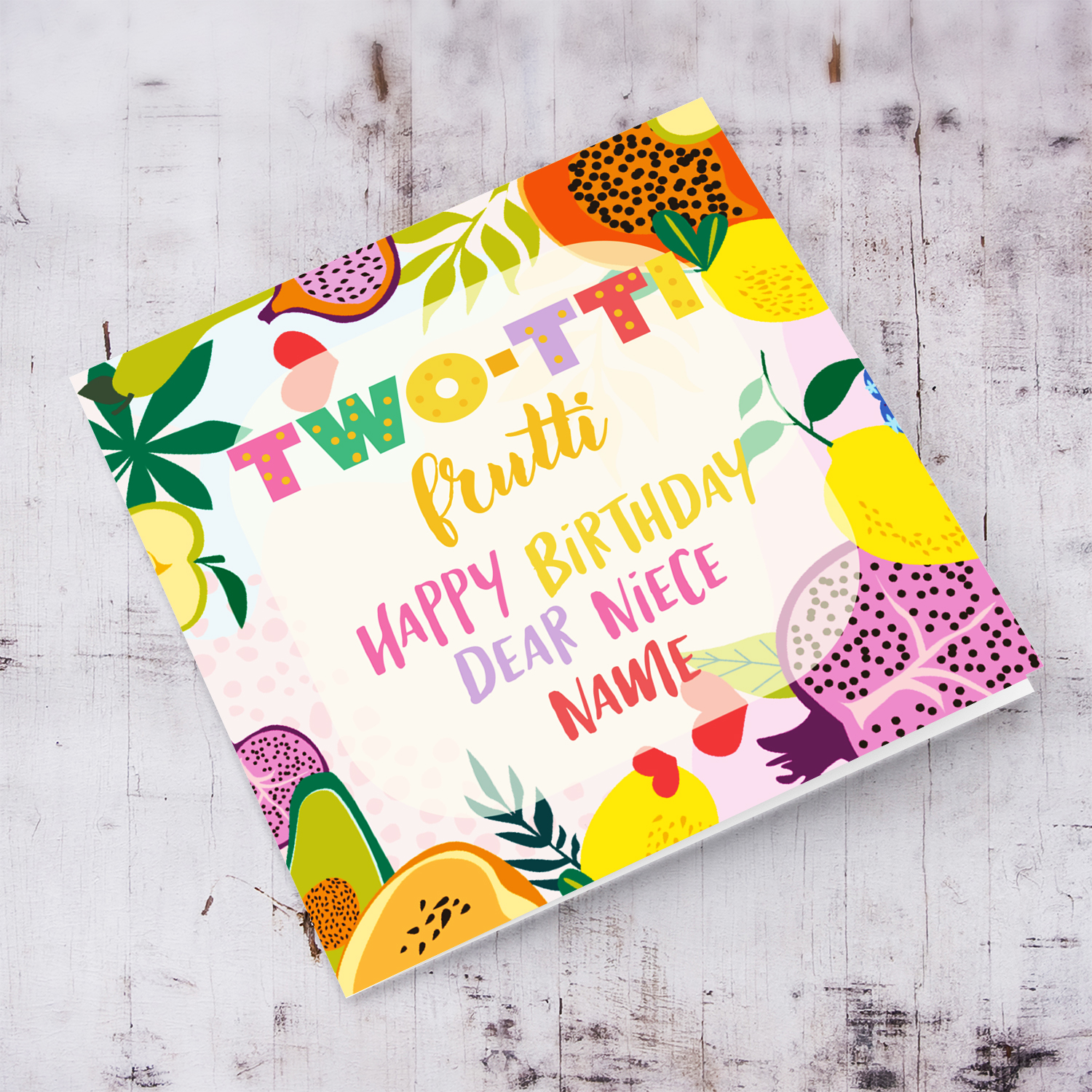Colourful, fruity birthday card for a TWO year old niece in English (Personalisable)