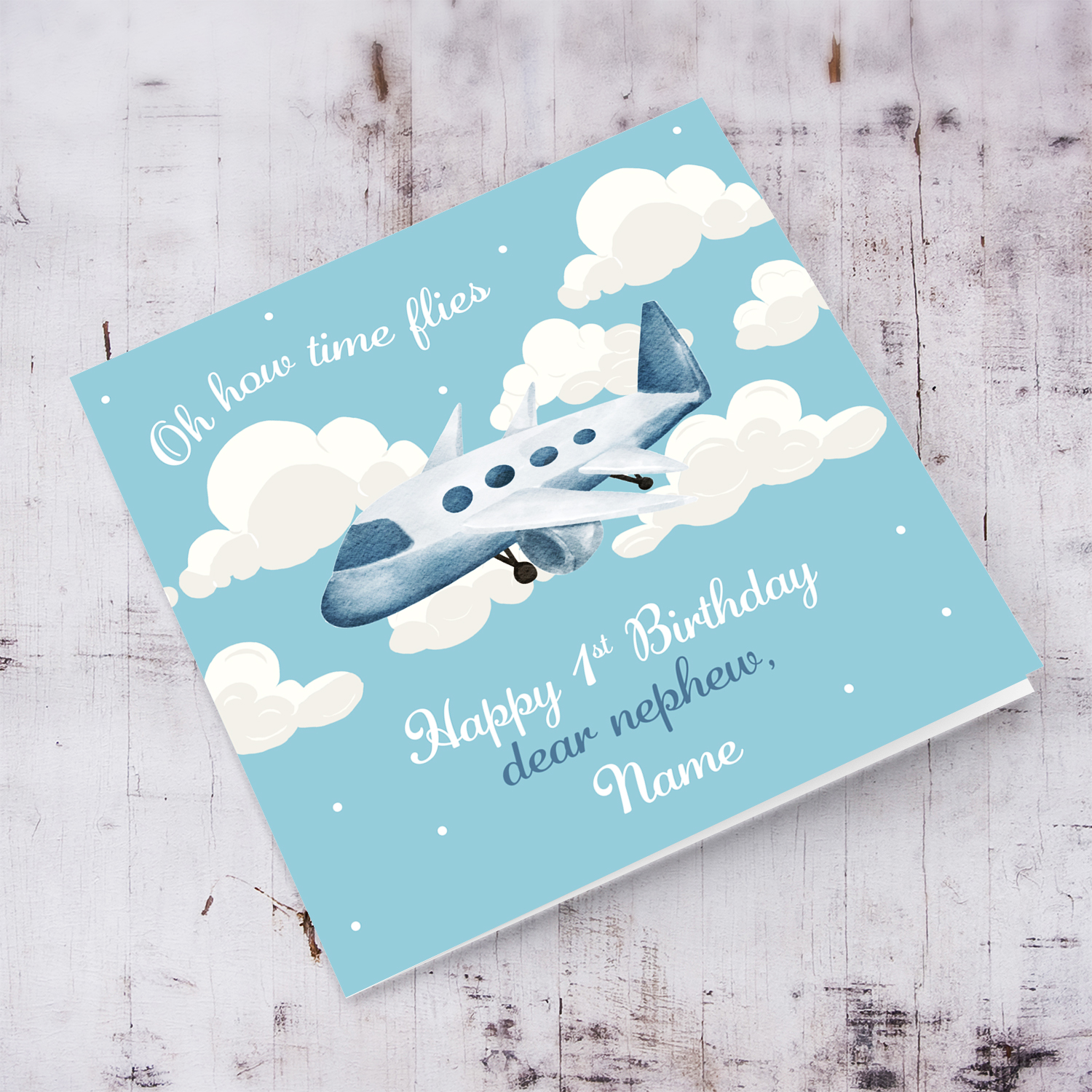 How time flies themed birthday card for nephew's first birthday in English (Personalisable)