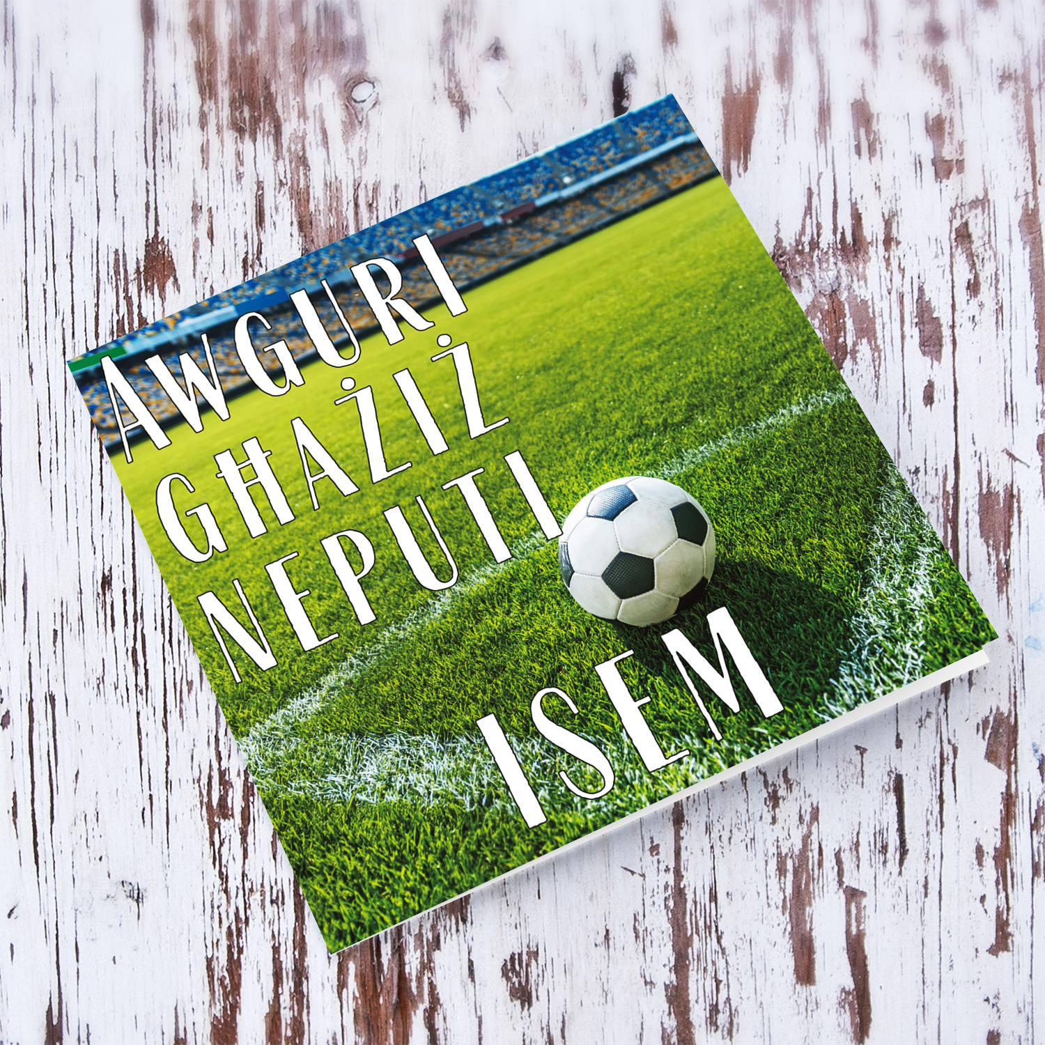 Football ground themed birthday card for nephew in Maltese (Personalisable)
