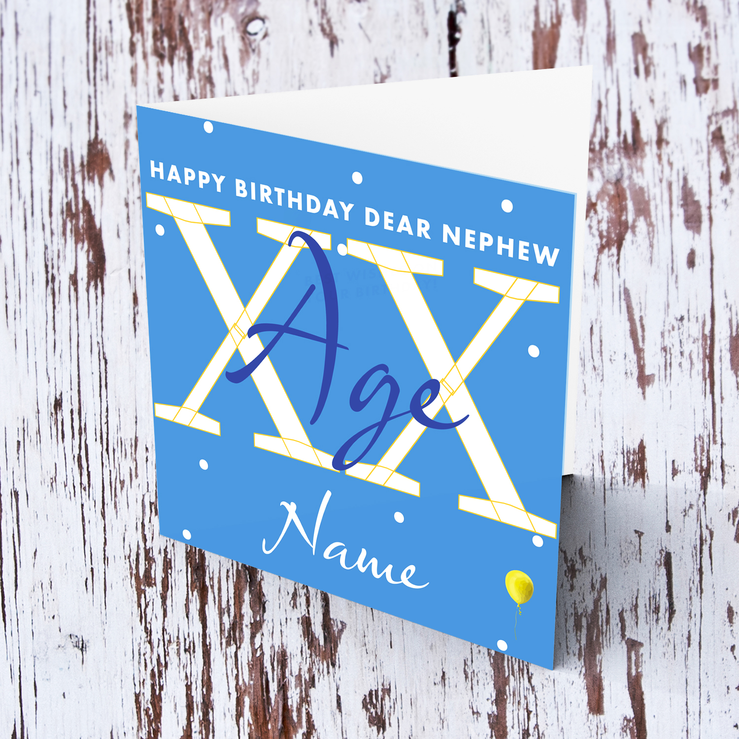 A blue background birthday card in white spots, for Nephew in white text in English (Personalisable)