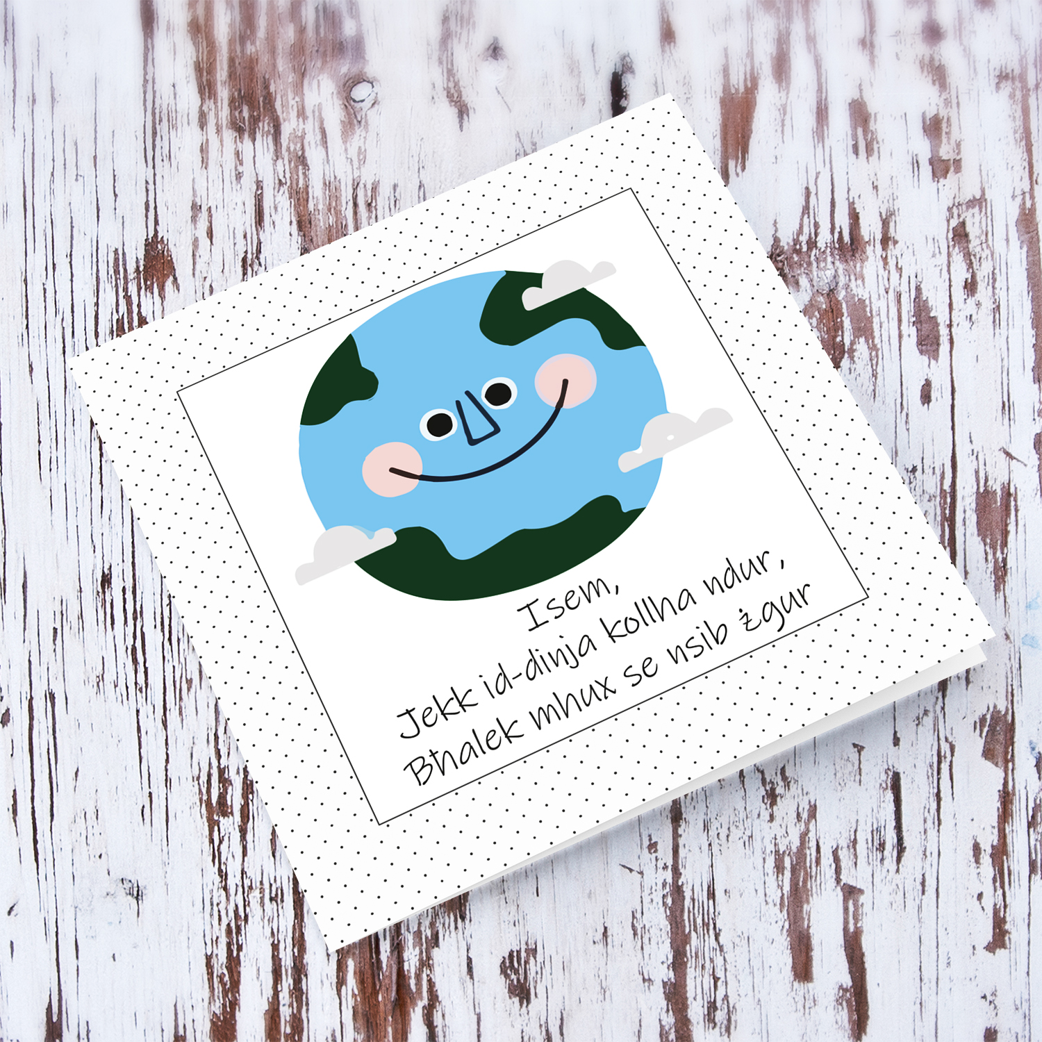 Cute smiling earth themed personalisable card in Maltese
