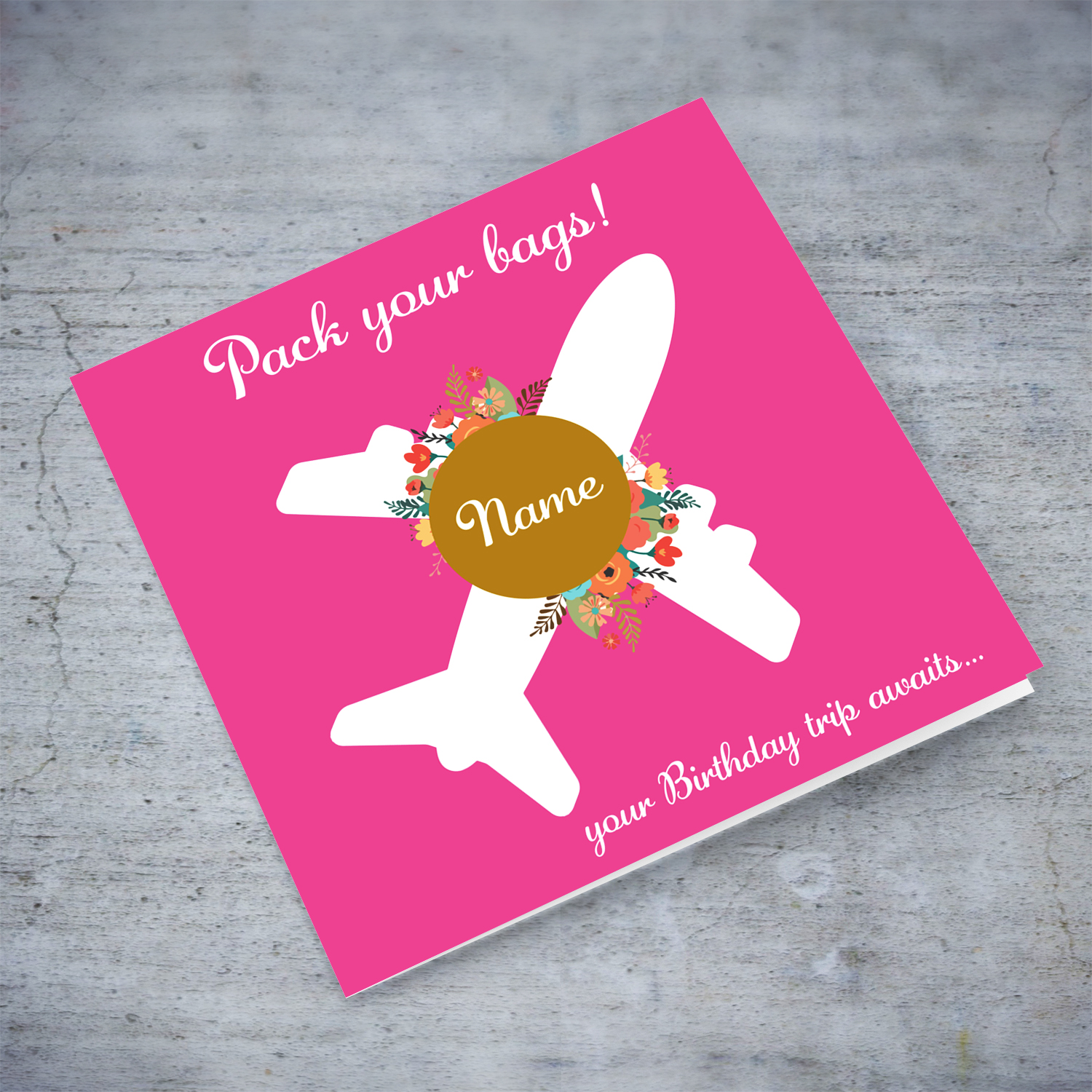 Surprise trip birthday card in pink background, with a white plane, flowers and personalisable in English