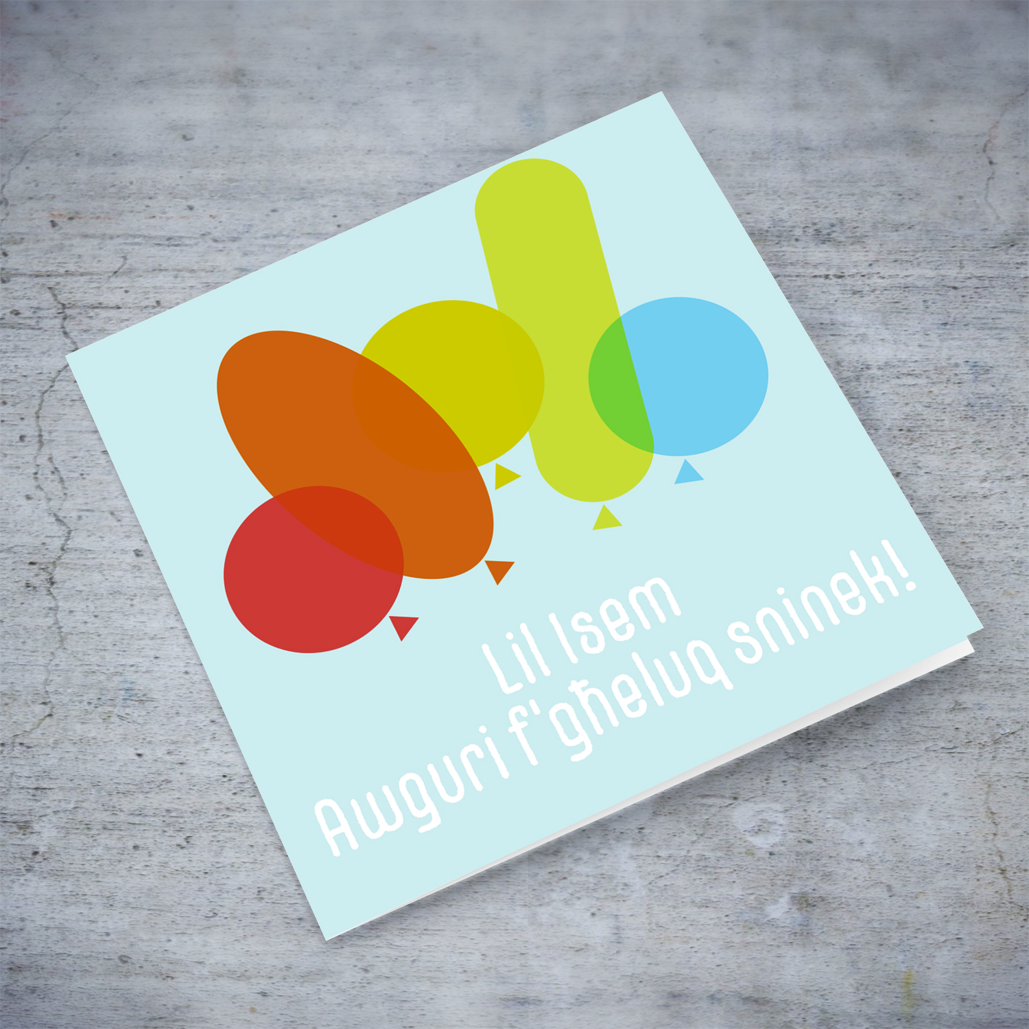 Colourful balloon birthday card in Maltese with light blue background (Personalisable)