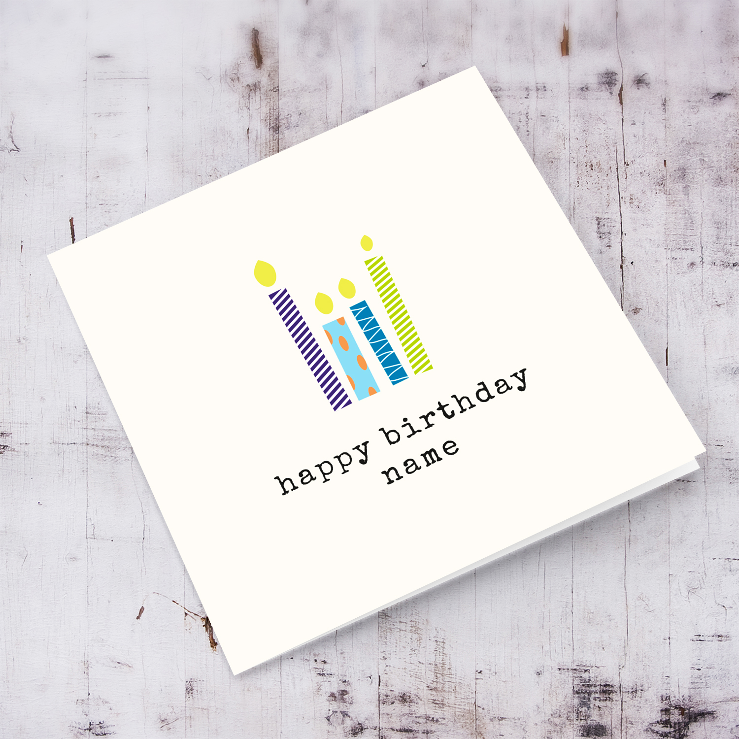 Minimalist birthday card featuring different coloured candles in English (Personalisable)