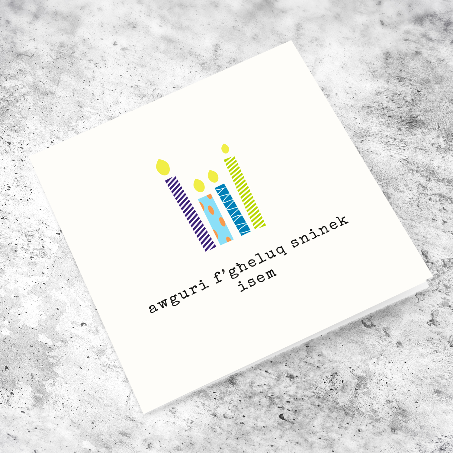 Minimalist birthday card featuring different coloured candles in Maltese (Personalisable)