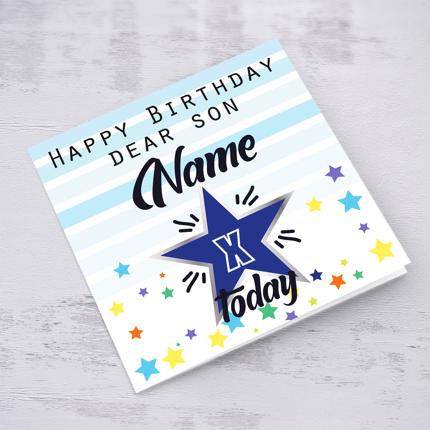 Son - Blue themed birthday card with scattered stars in English (Personalisable)