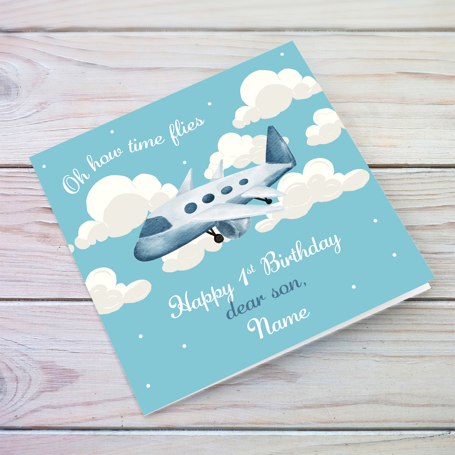 How time flies themed birthday card for sons first birthday in English (Personalisable)
