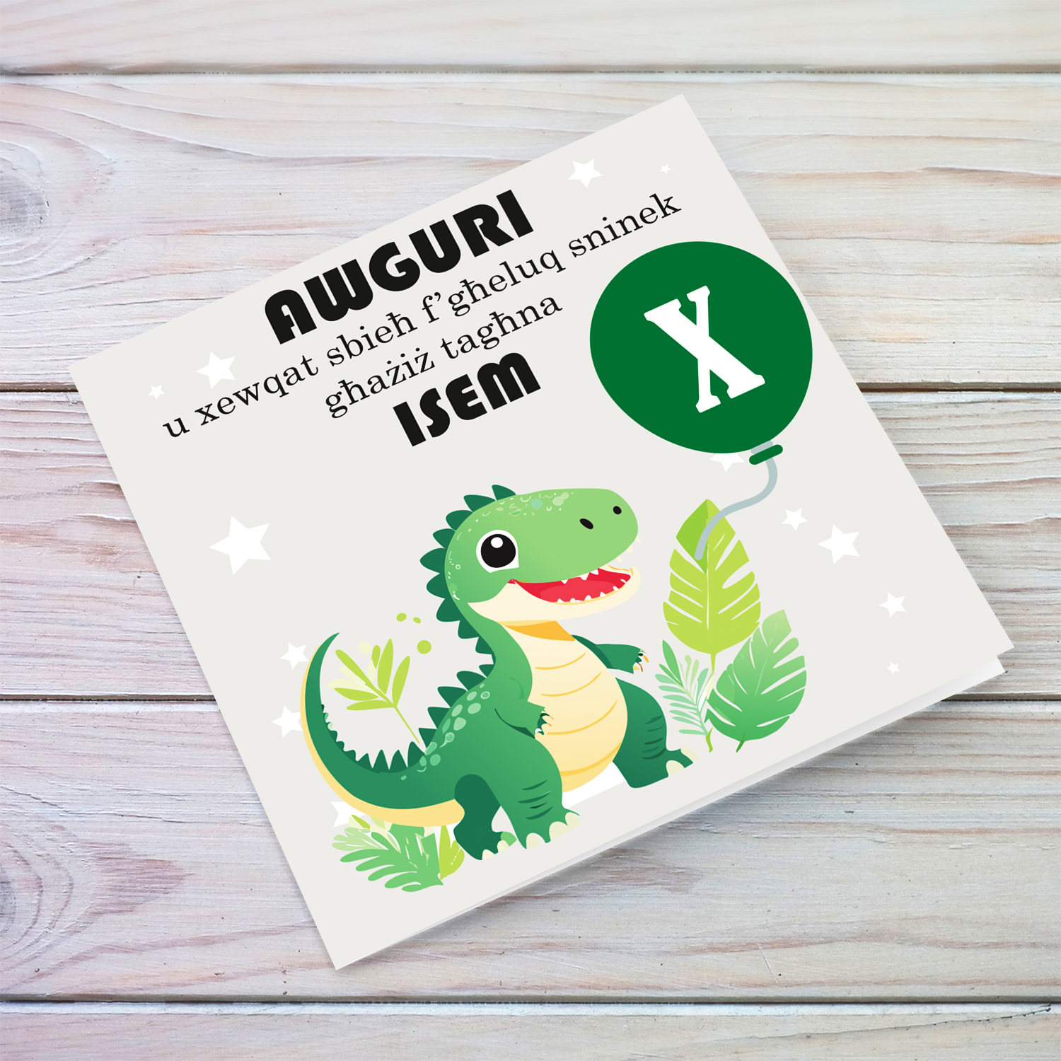 Cute dino card themed birthday card for someone dear in Maltese (Personalisable)