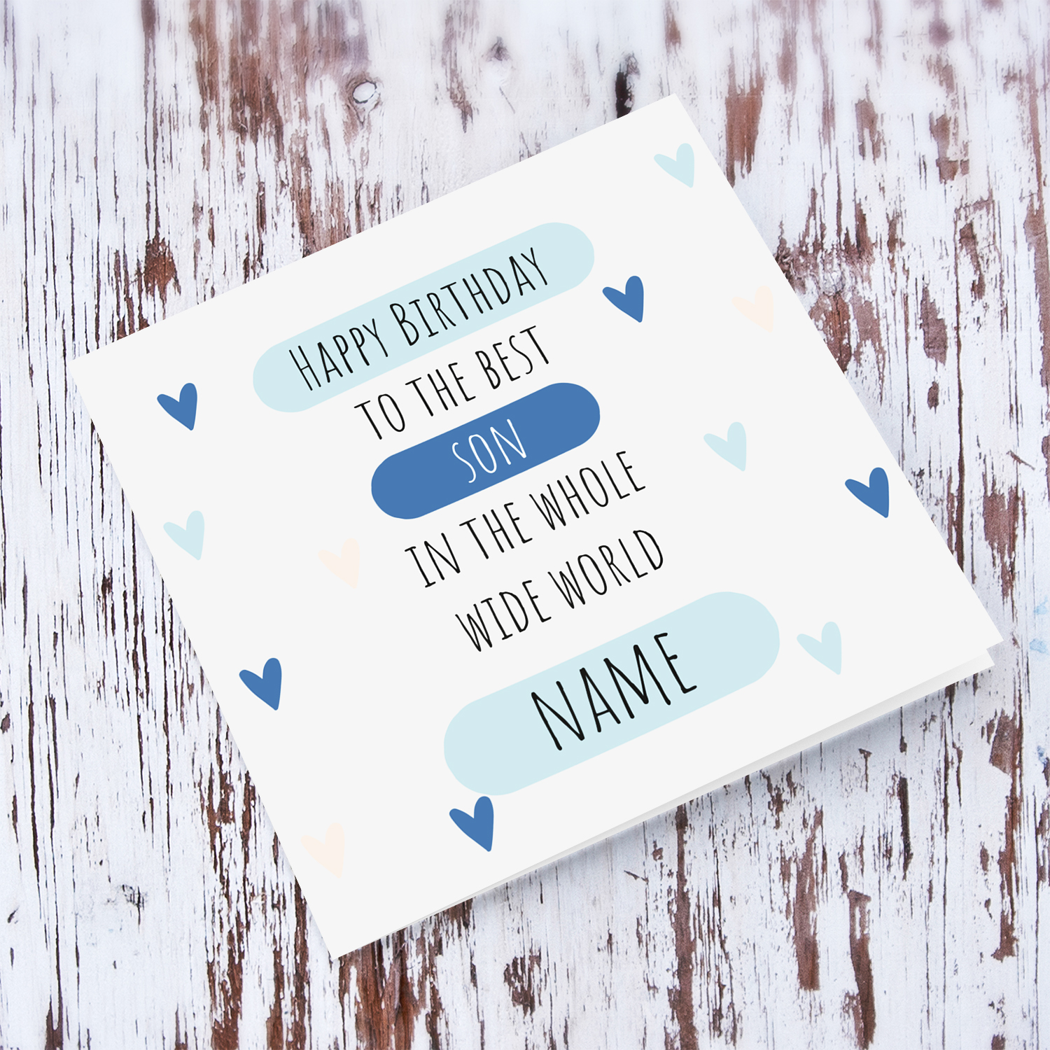 Happy Birthday to the best son in the whole wide world - birthday card in light gray background and scattered hearts in English (Personalisable)