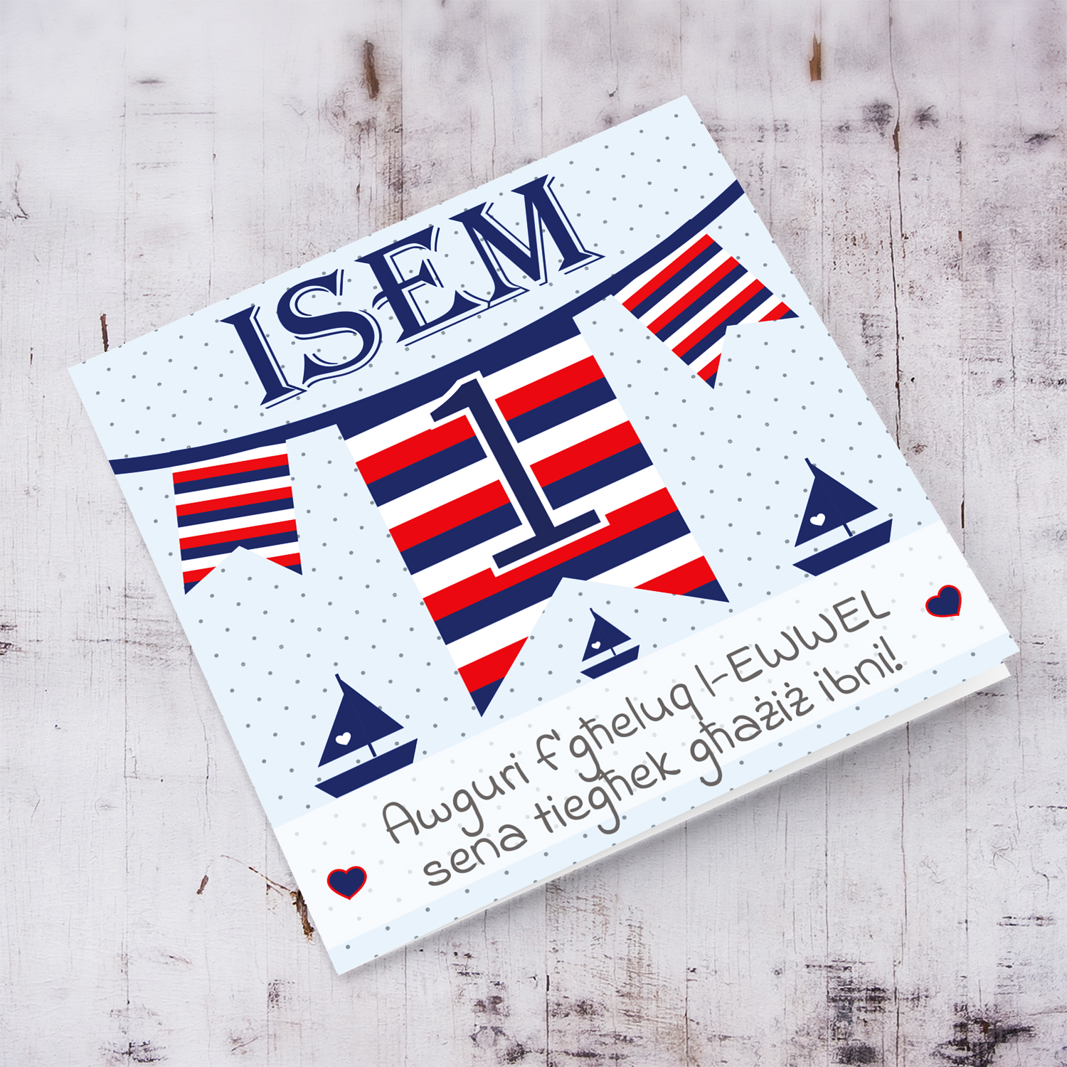 Nautical themed birthday card in light blue spotted background for sons FIRST year in Maltese