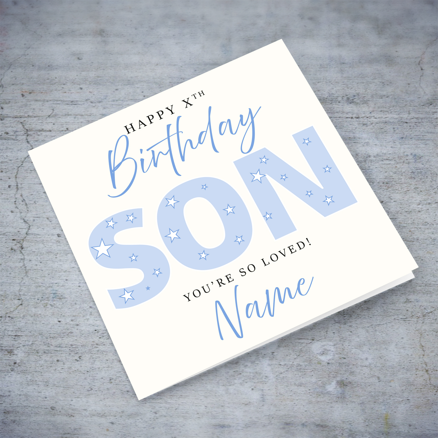 A beautiful birthday card for SON in big light blue font featuring hearts in English (Personalisable)