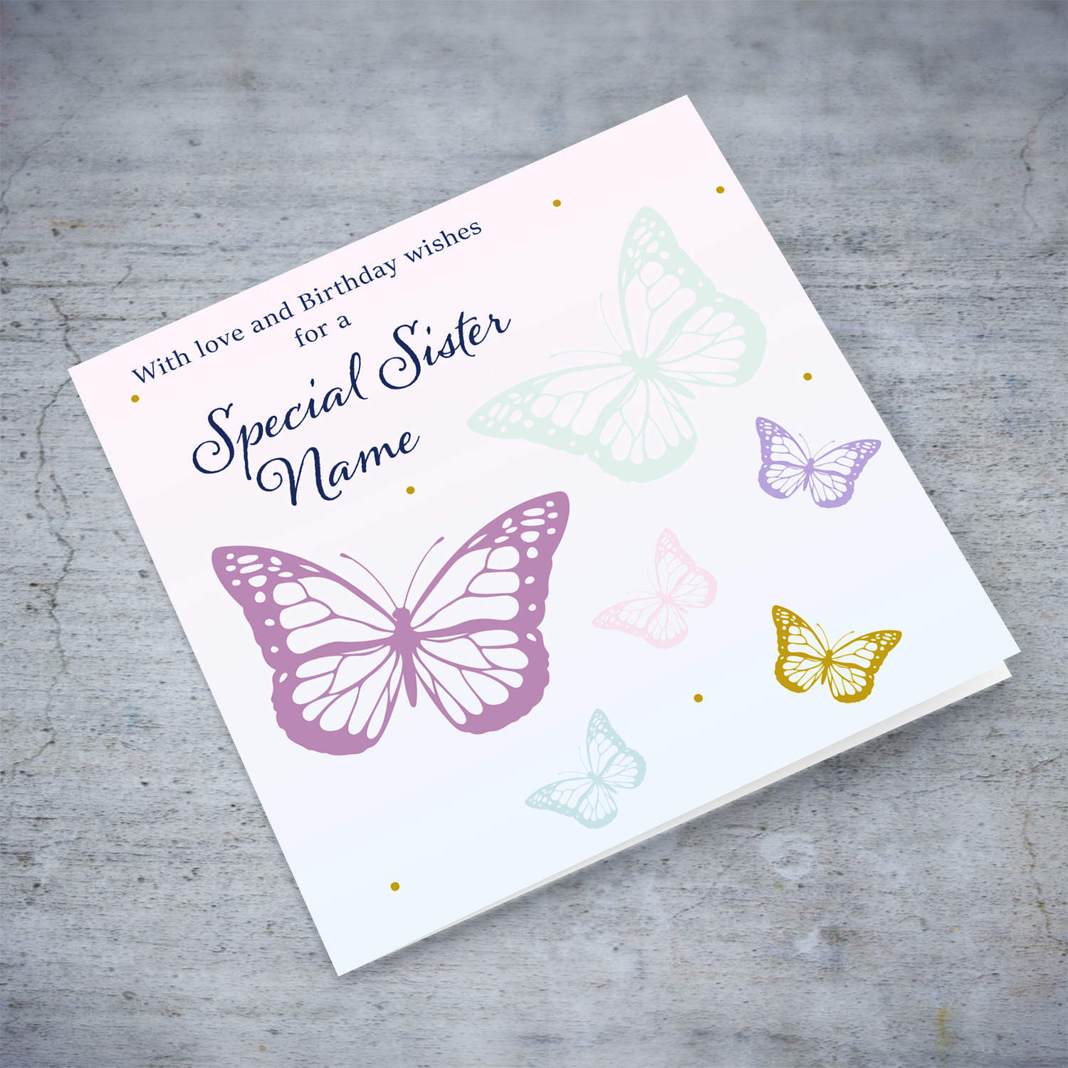 Butterfly themed birthday card for a special sister with a gradient background of pink and blue in English