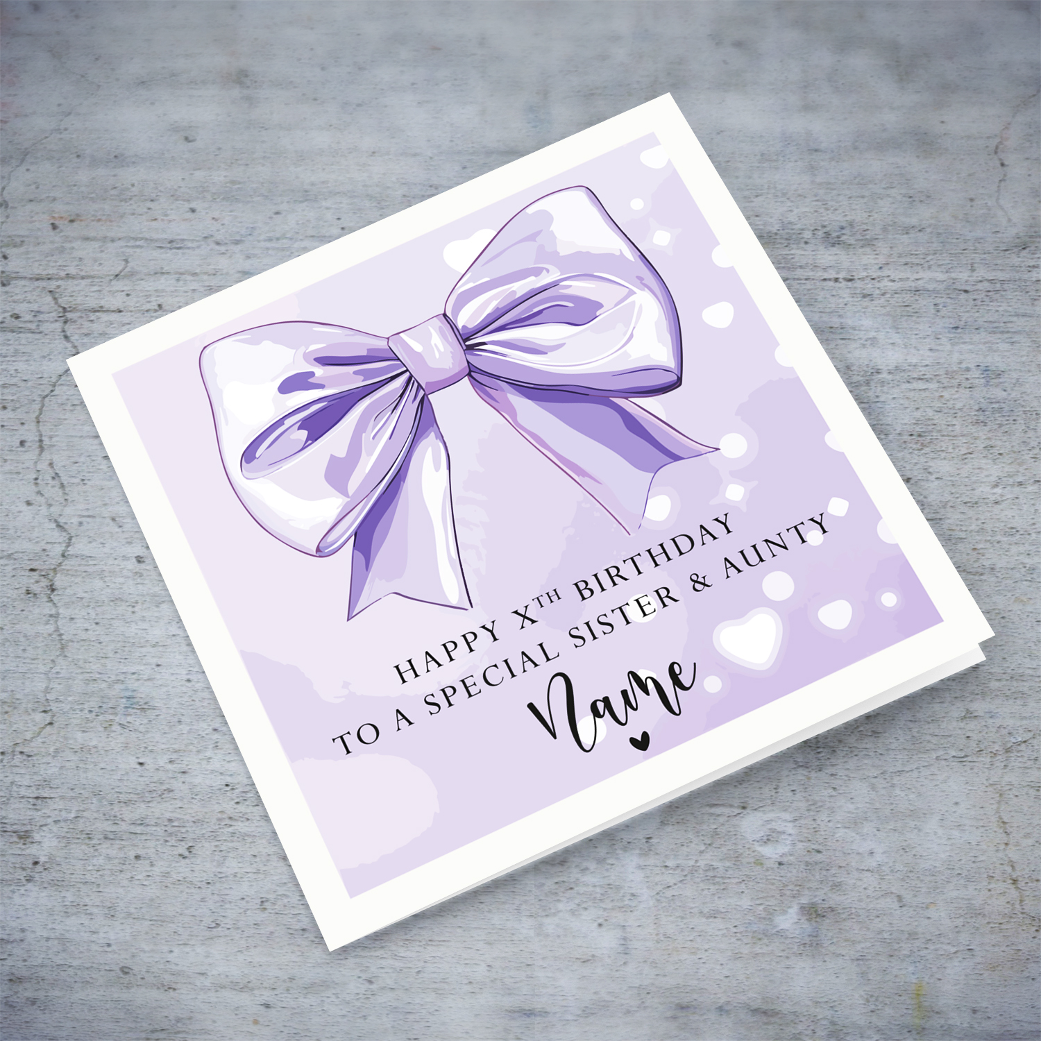 A cute birthday card for Sister & Aunty (purple themed) with a big purple bow in English (Personalisable with Name & Age)