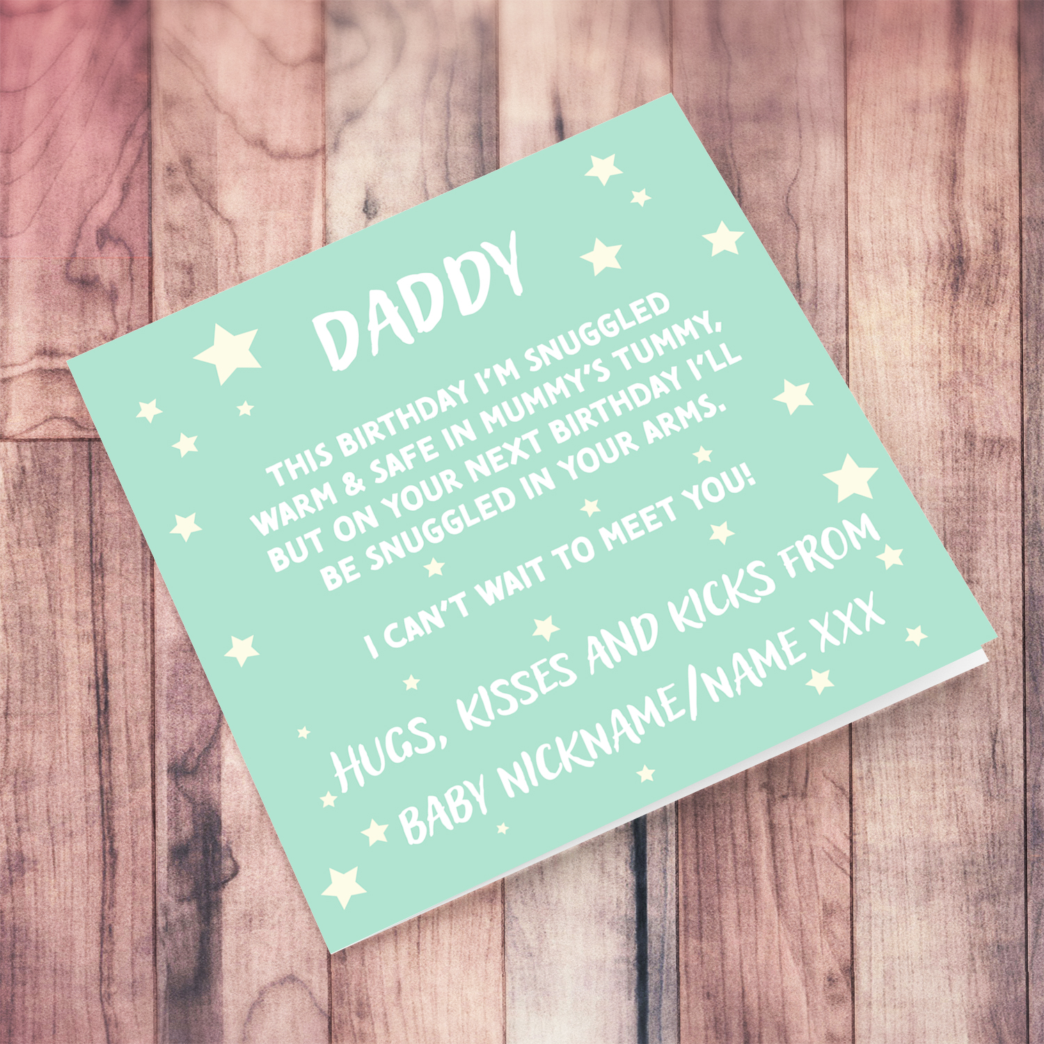 Daddy to be birthday card in pastel green background with scattered stars in English (Personalisable)