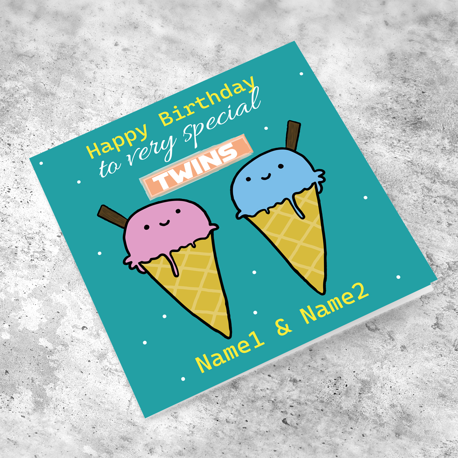 Ice cream themed birthday card for twin boy & girl in English (Personalisable)
