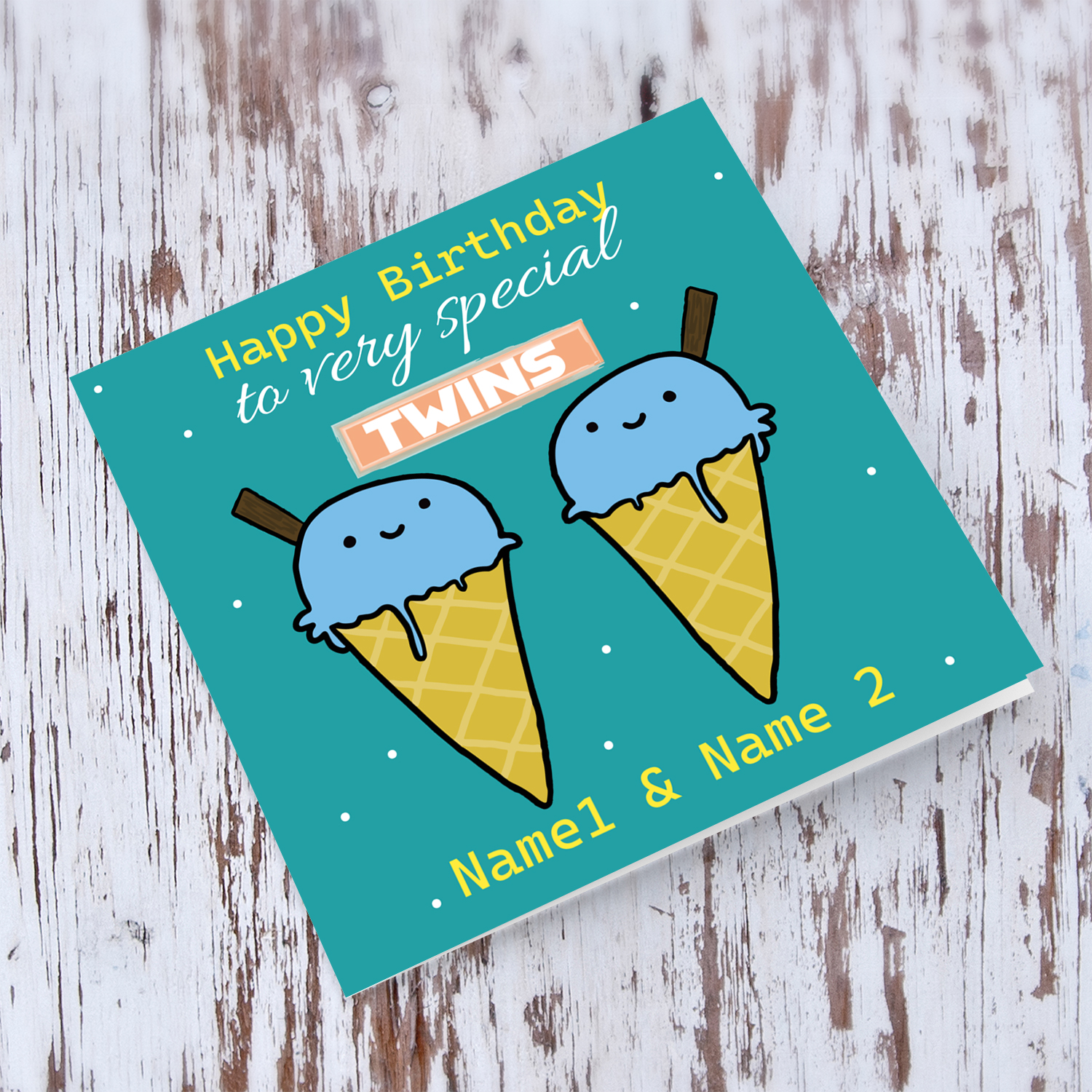 Ice cream themed birthday card for twin boys in English (Personalisable)