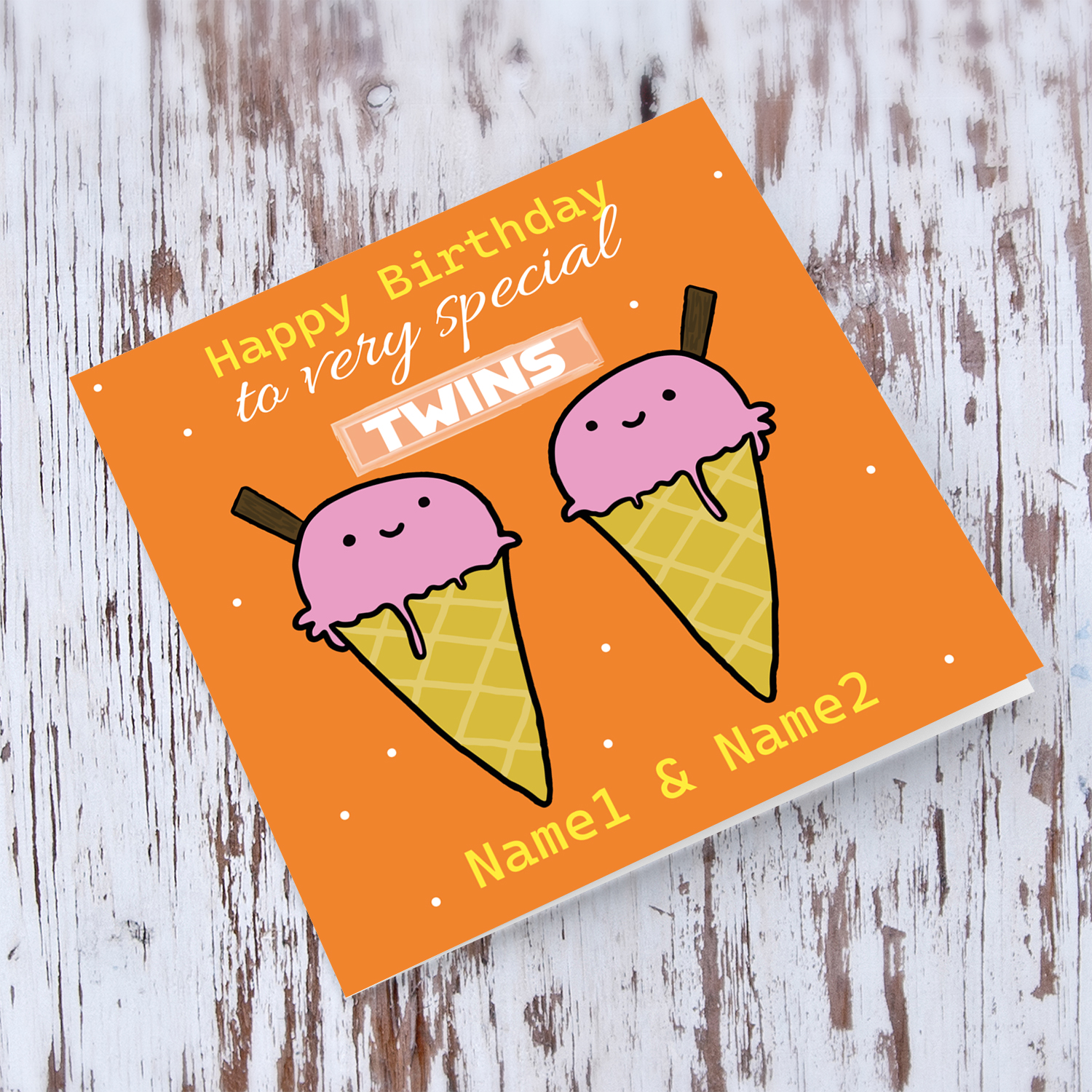 Ice cream themed birthday card for twin girls in English (Personalisable)