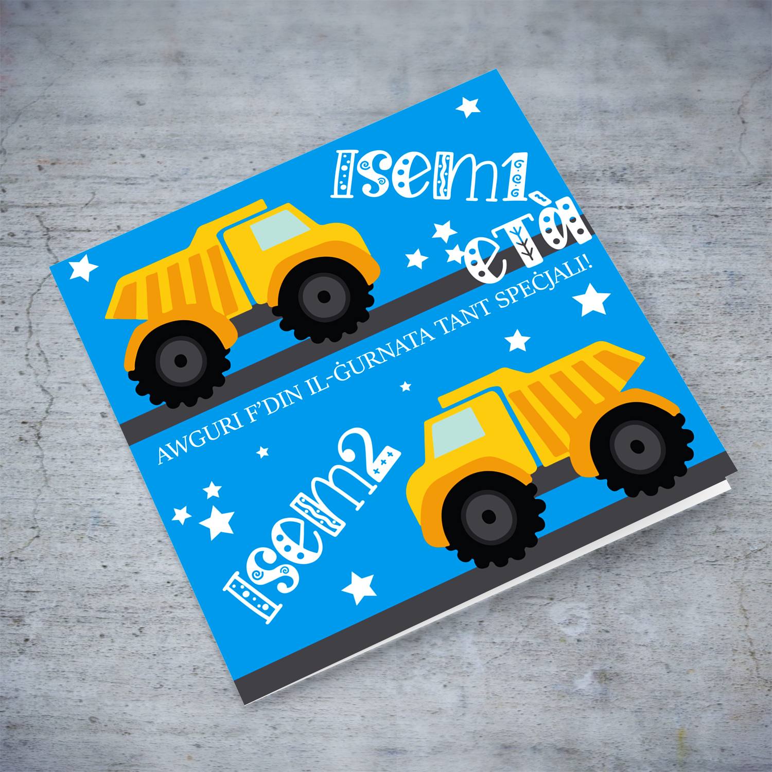 Dumptruck themed birthday card for twins in Maltese (Personalisable)