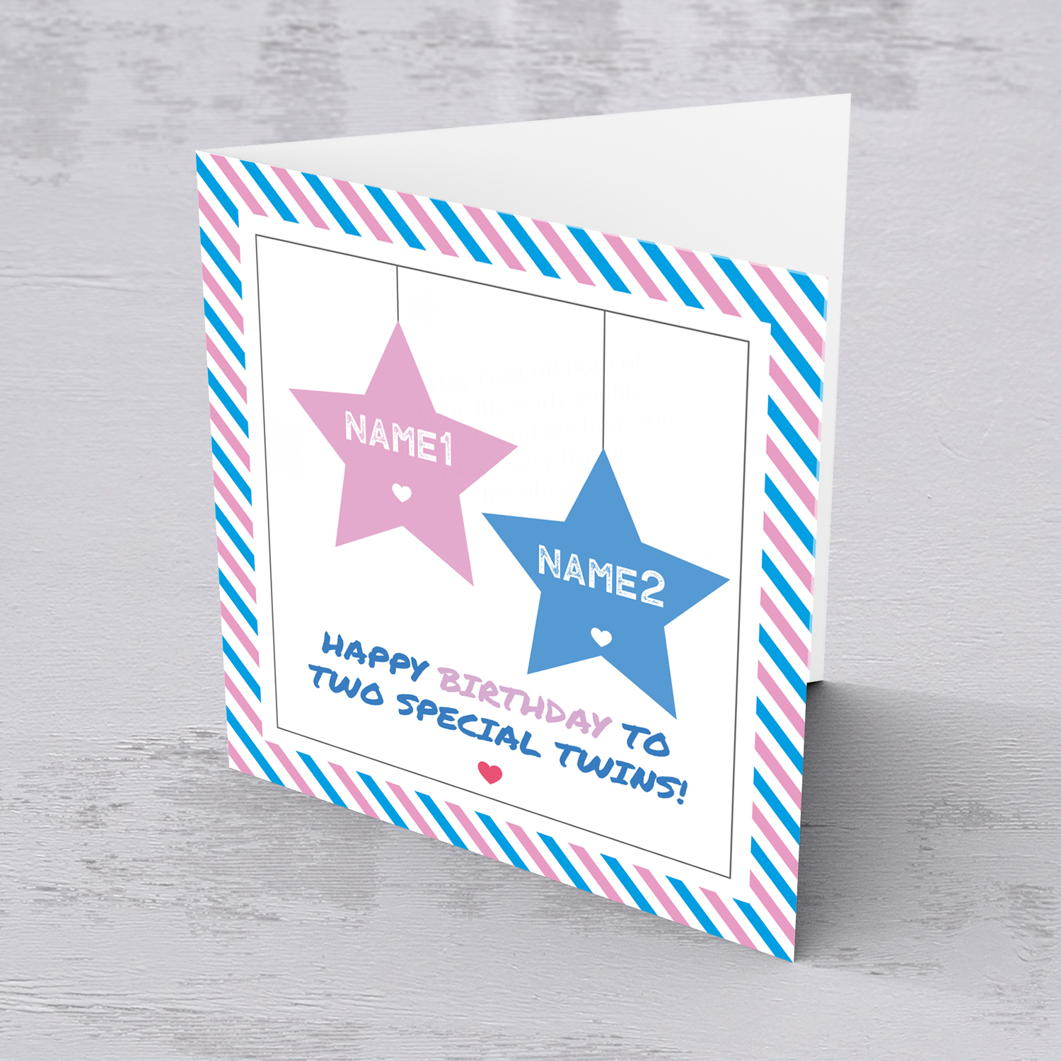 Twins birthday card with 2 hanging stars in pink and blue and striped border in English (Personalisable)