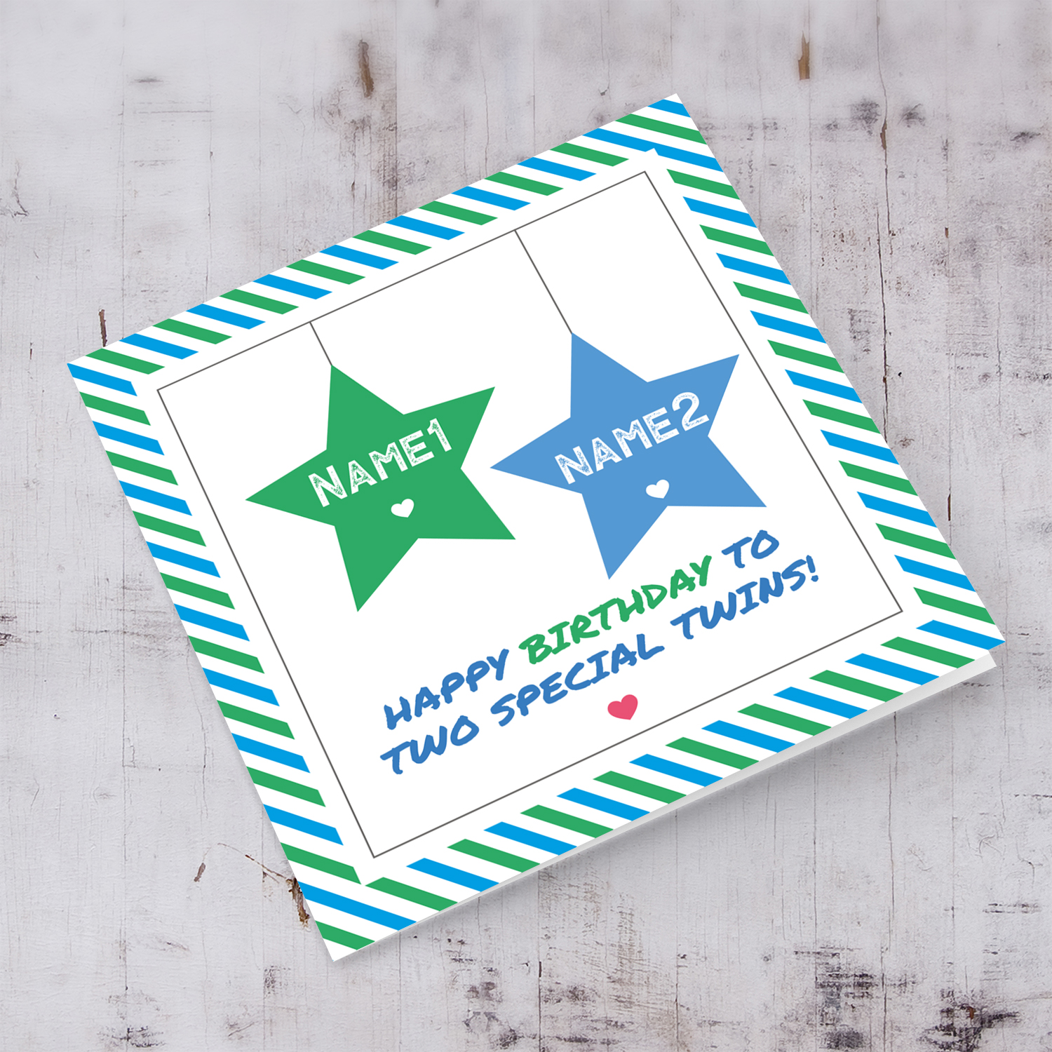 Twins birthday card with 2 hanging stars in blue and green and striped border in English (Personalisable)