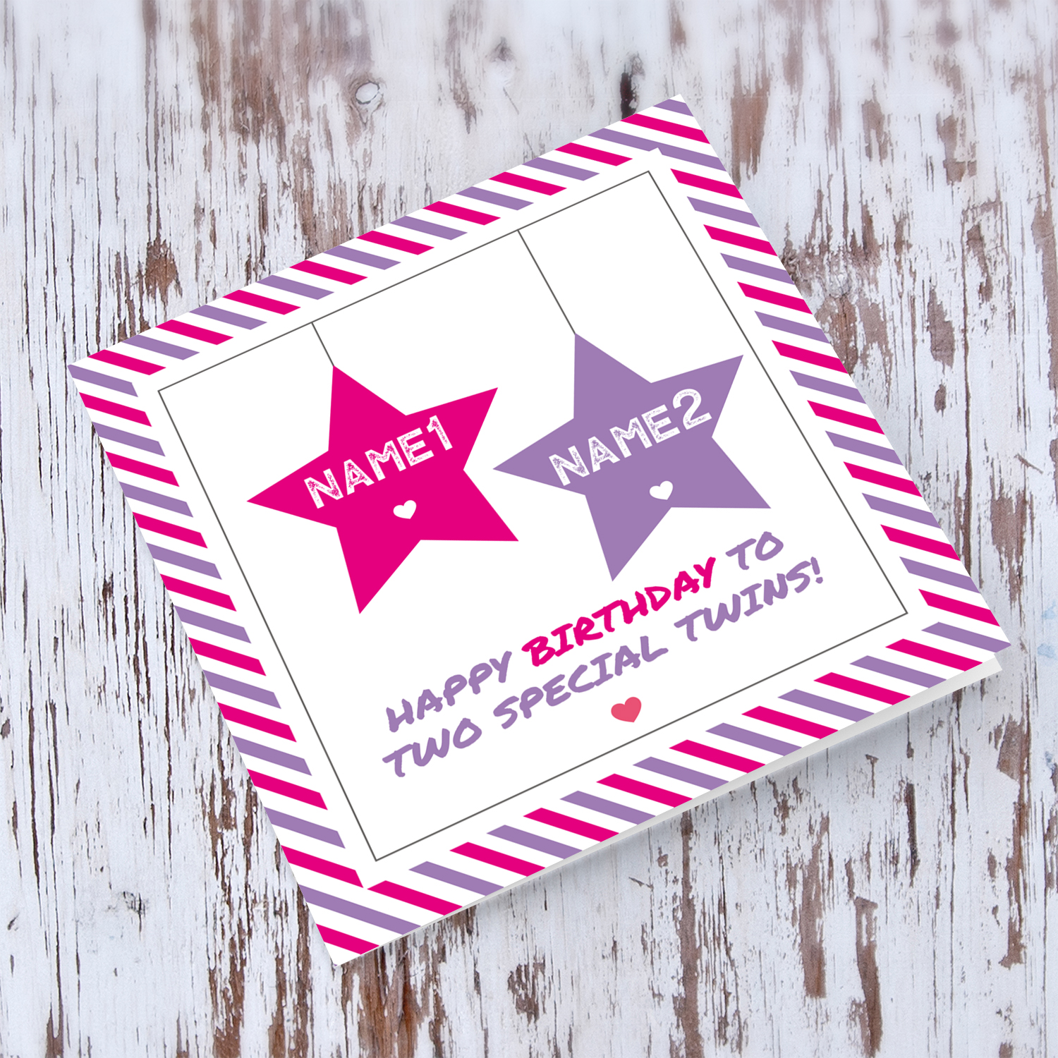 Twins birthday card with 2 hanging stars in pink and purple and striped border in English (Personalisable)