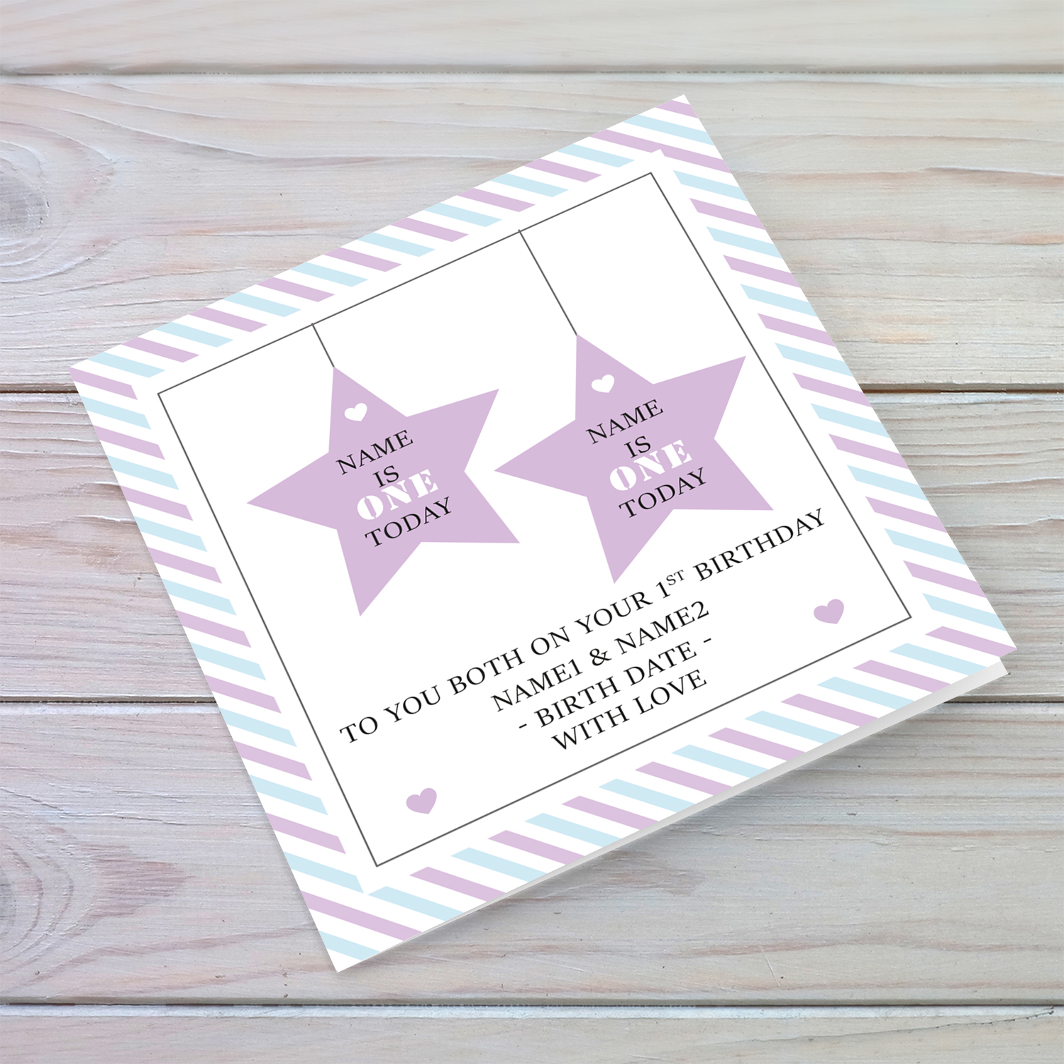 2 hanging stars birthday card for twins (Girls) in English