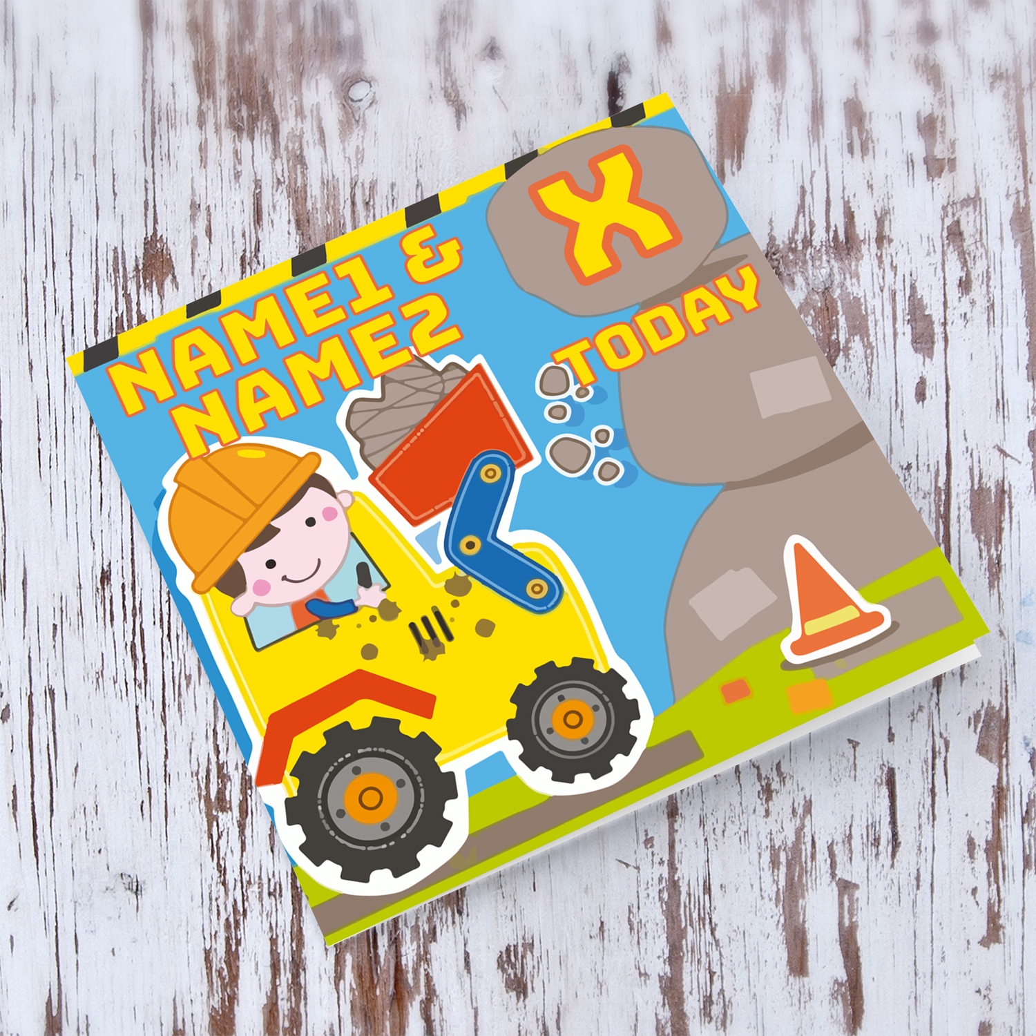 Bulldozer themed personalisable birthday card for twins in English 