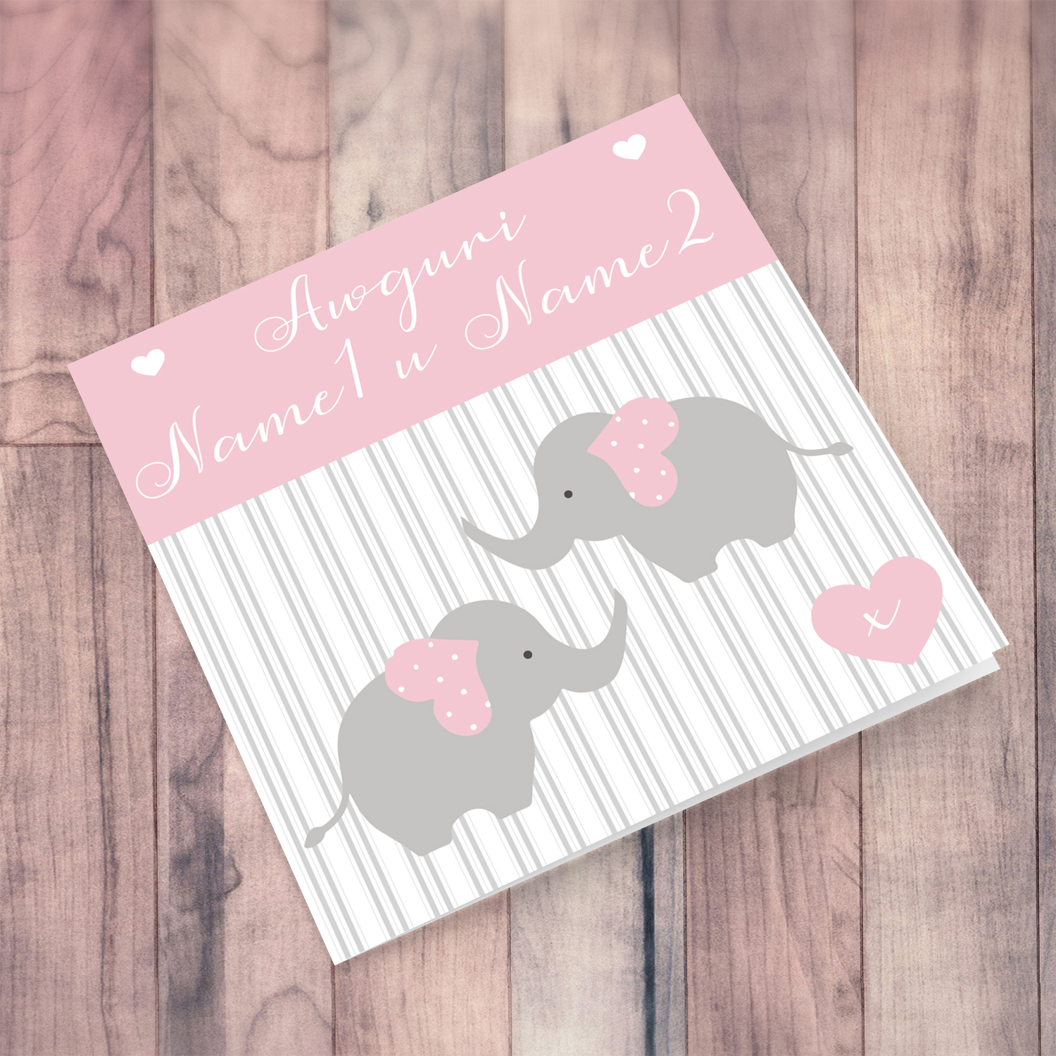 Cute little elephants with pink ears and striped background birthday card for twin girls in Maltese 