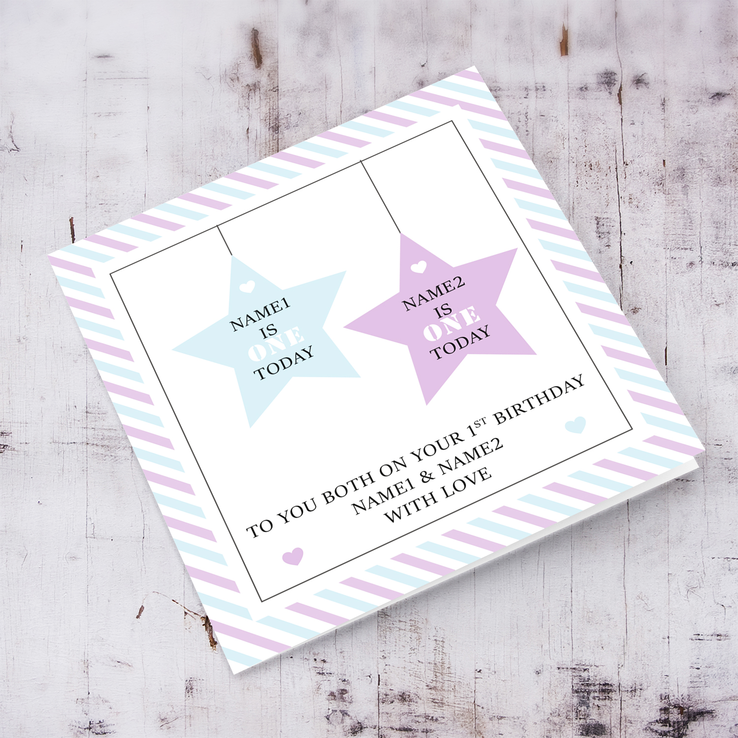 2 hanging stars birthday card for twins (Boy & Girl) in English (Personalisable)