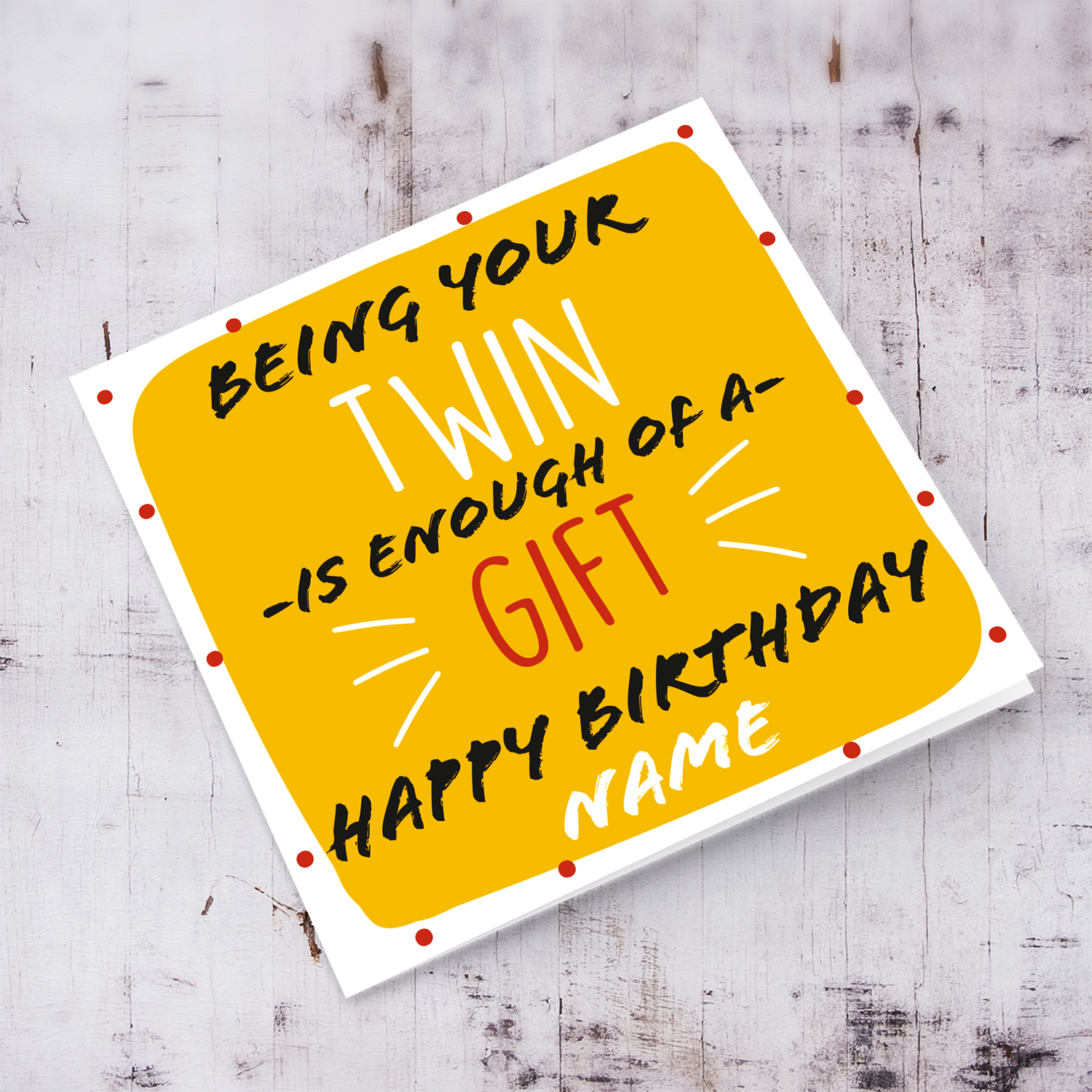 Funny birthday card for Twin (sister or brother) in yellow/orange background (Personalisable) in English 