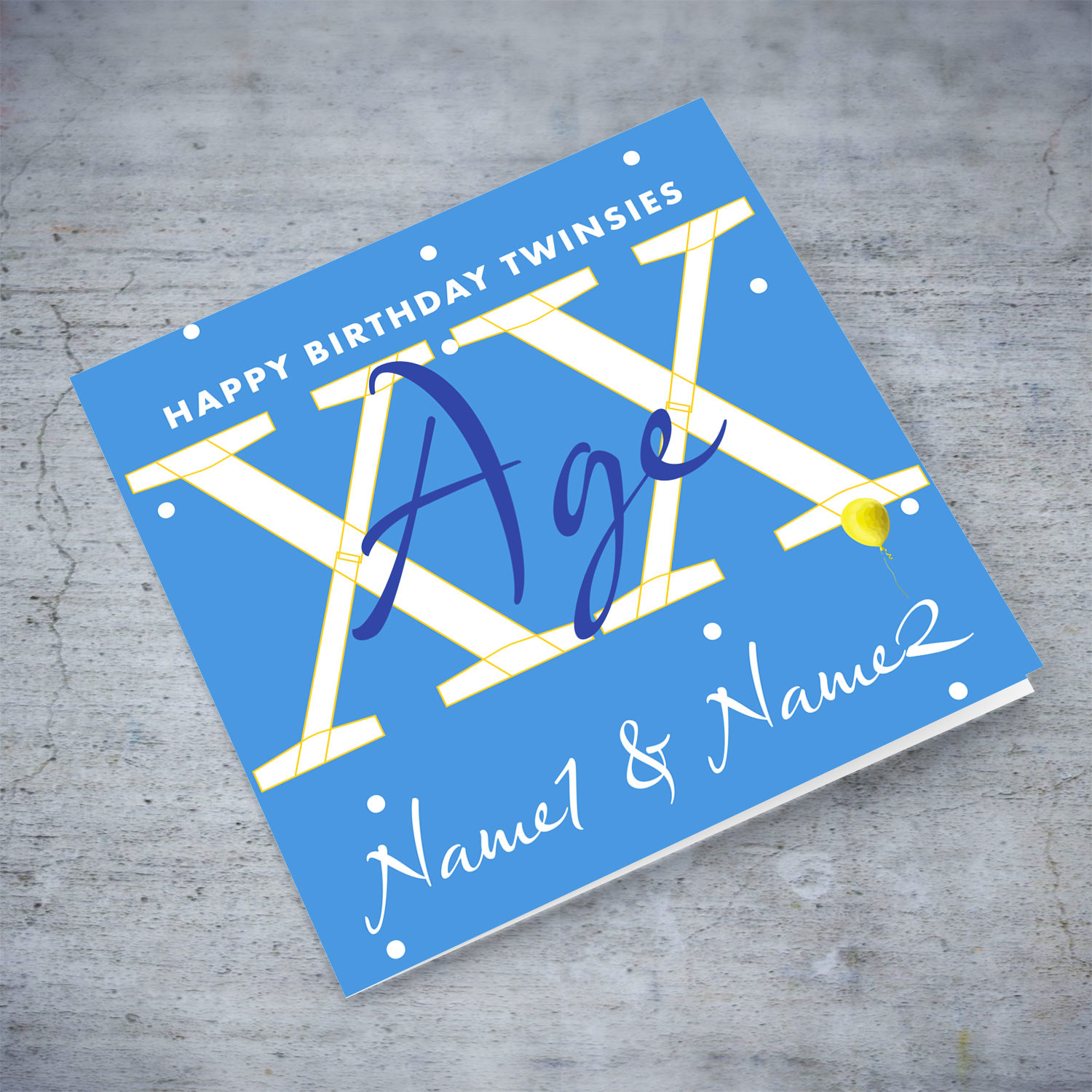 A blue background birthday card in white spots, for TWINSIES in white text in English (Personalisable)