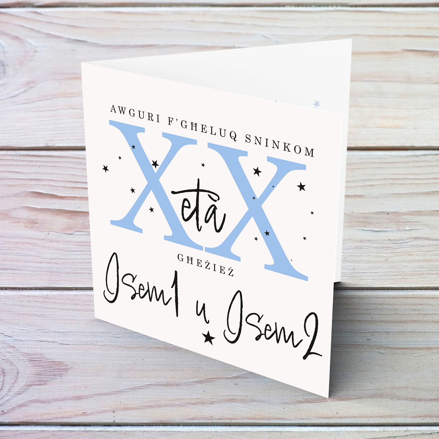 A beautiful birthday card for twins in a neutral background with scattered black stars, and age in light blue - with personalisable Name & Age in Maltese