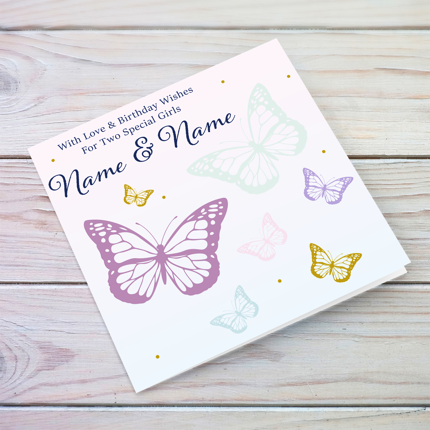 Butterfly themed birthday card for TWIN GIRLS with a gradient background of pink and blue in English