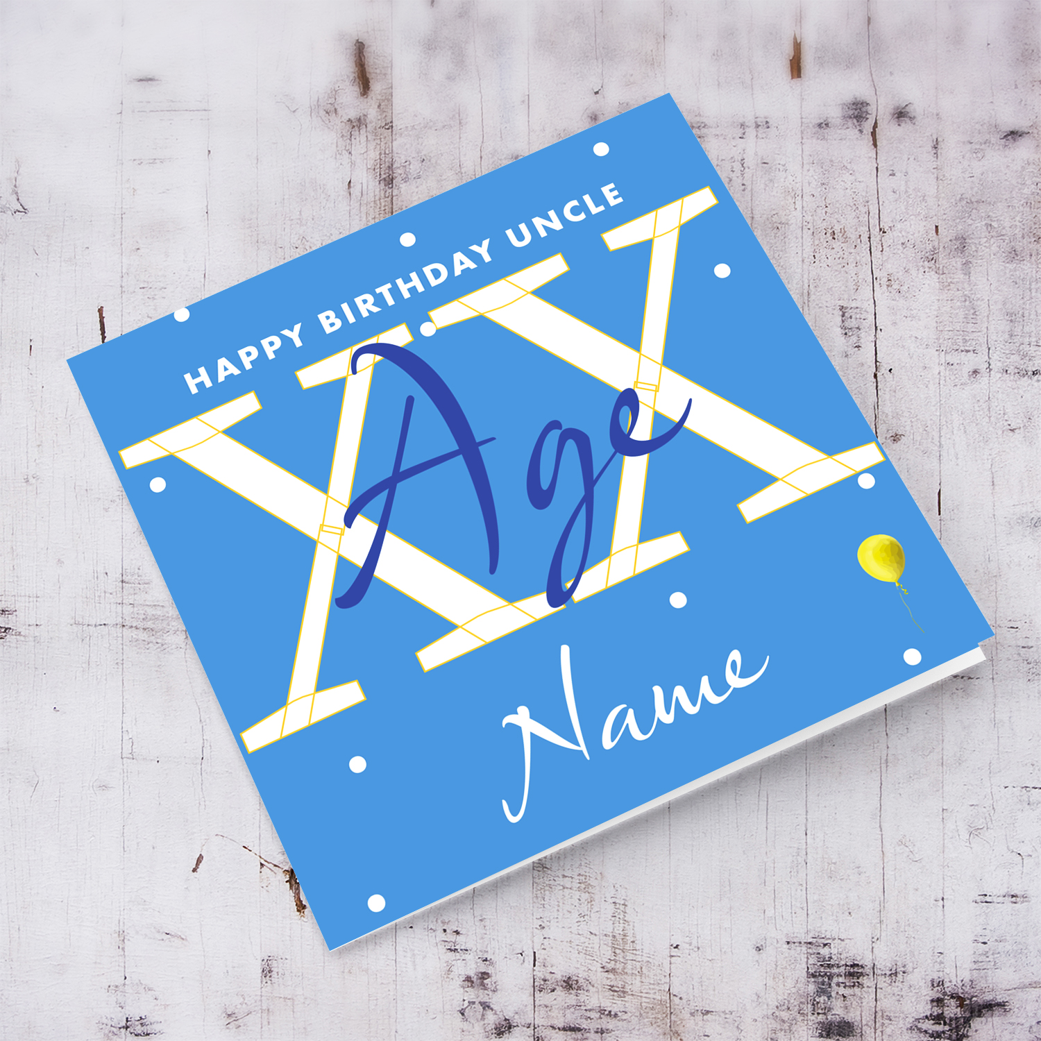 A blue background birthday card in white spots, for Uncle in white text in English (Personalisable)