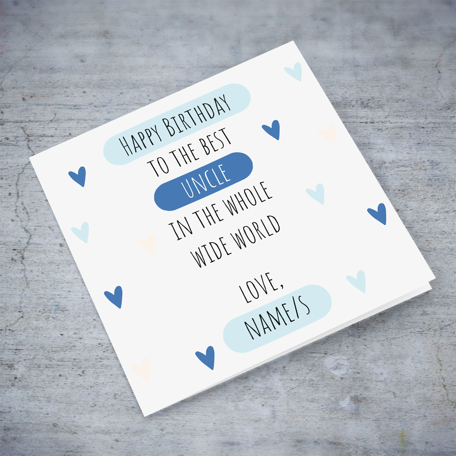 Happy Birthday to the best uncle in the whole wide world - birthday card in light gray background and scattered hearts in English (Personalisable)