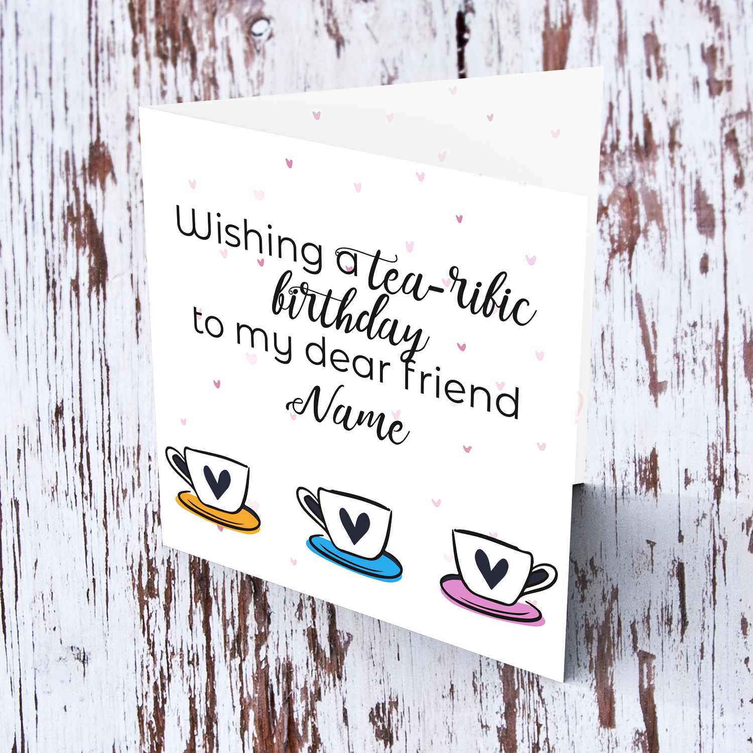 Tea themed birthday card with teacups in English (personalisable)