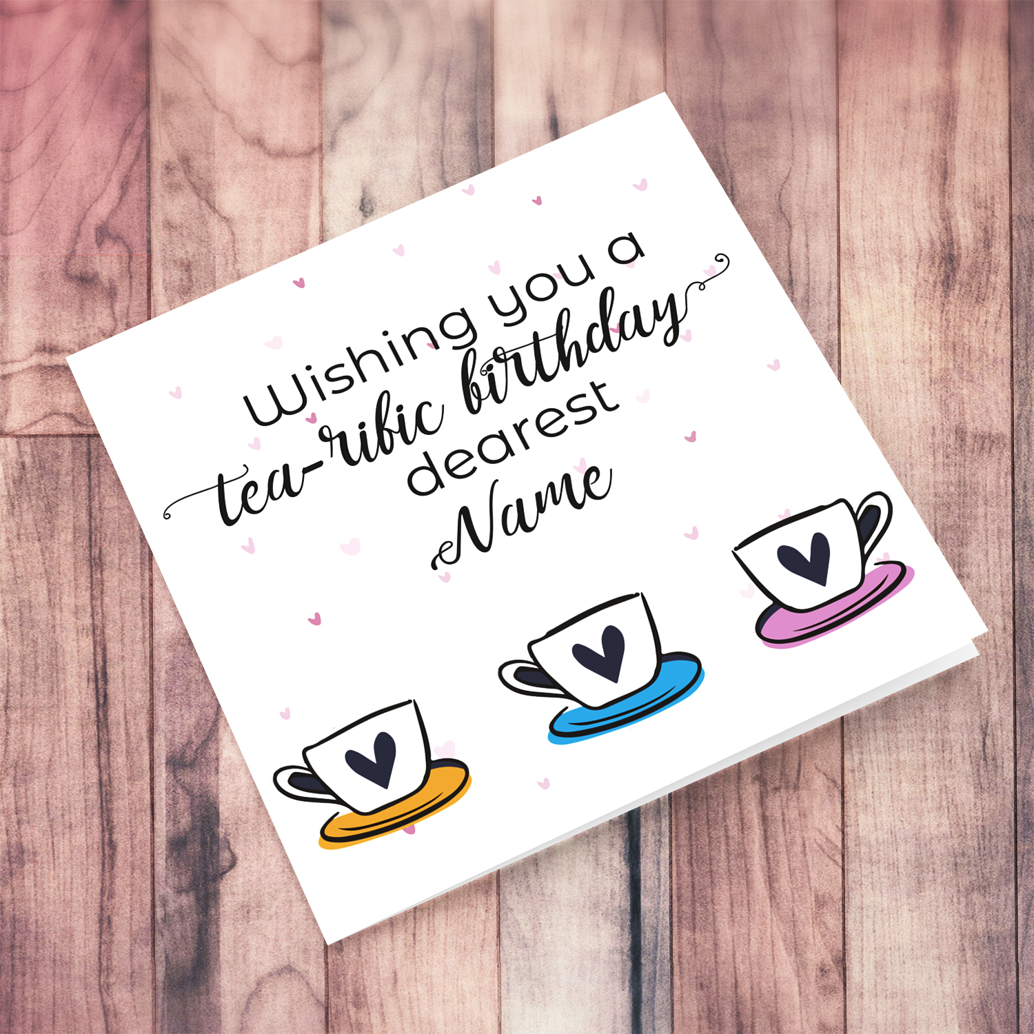 Tea themed birthday card with 3 teacups in English (personalisable)
