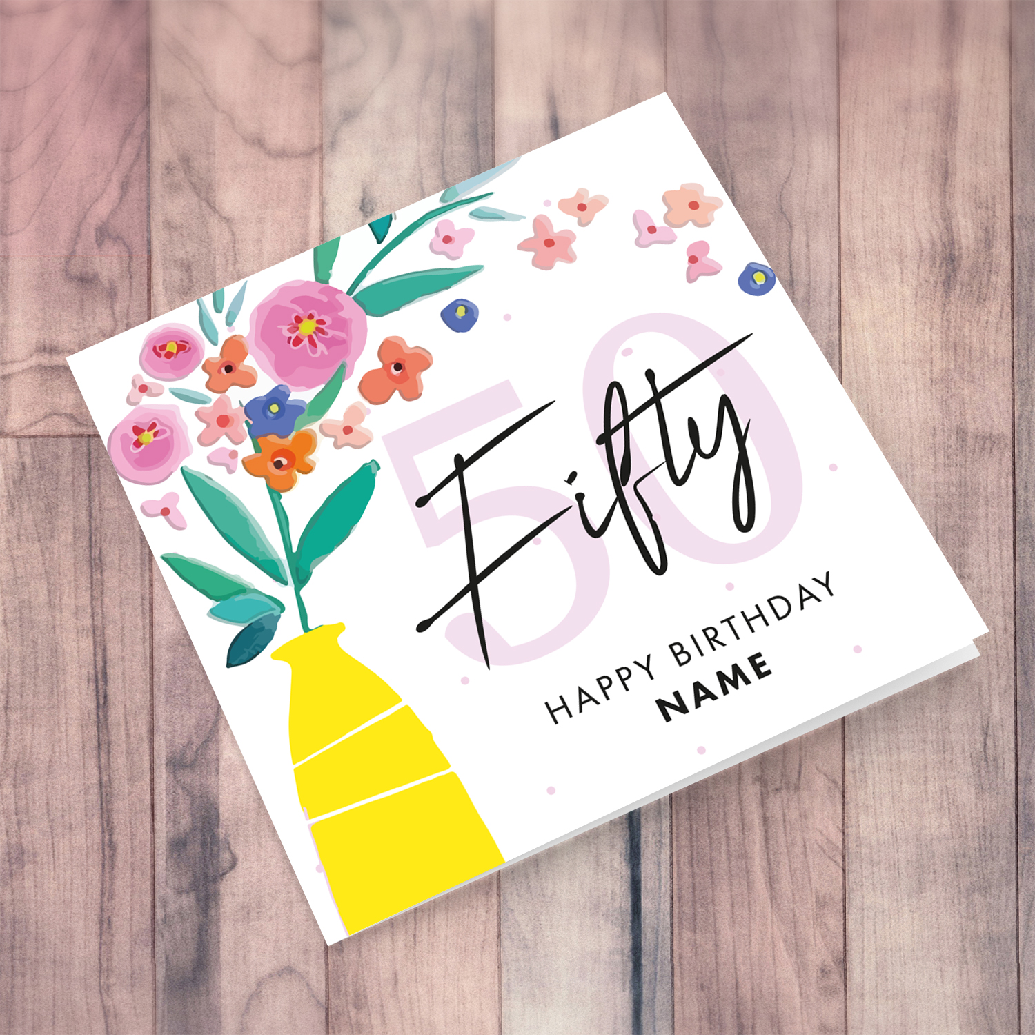 50th birthday card with vase and flowers in English (Personalisable)