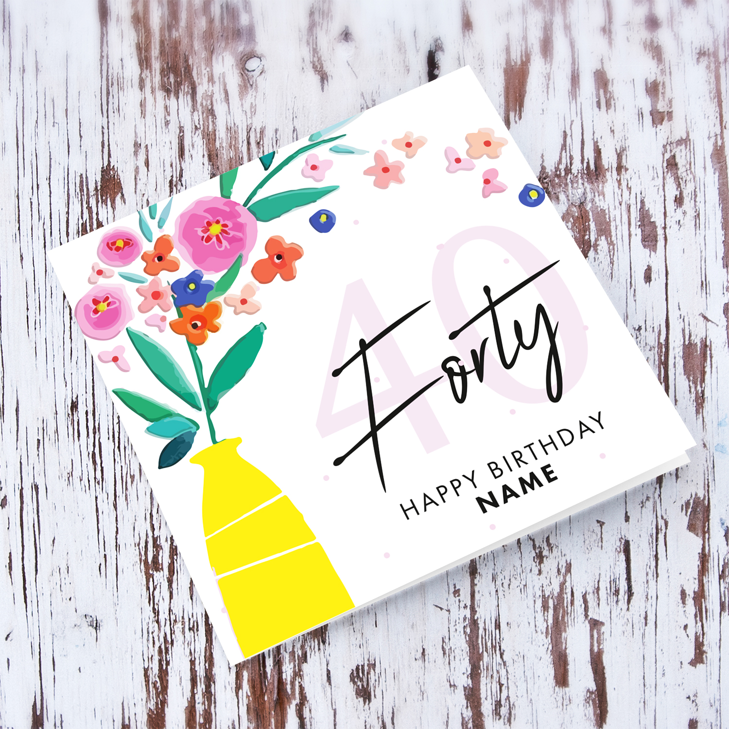 40th birthday card with vase and flowers in English (Personalisable)